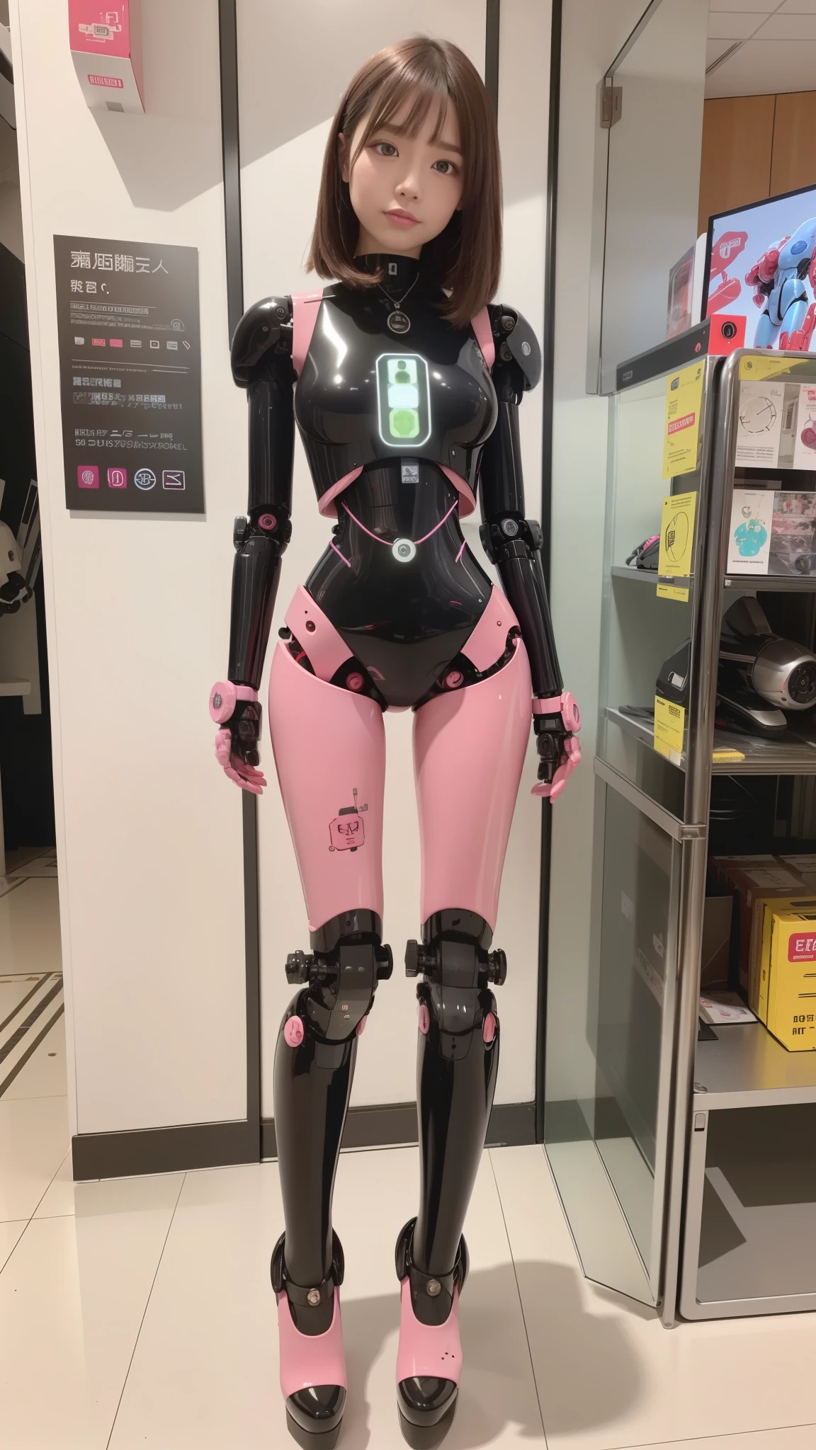 masterpiece, best quality, extremely detailed, (8K, 4K, Best Quality, Hight resolution, 超A high resolution:1.1), 8K portrait,1girl in, Japanese android girl, android teacher, control panels, android, Droid, Mechanical Hand, ,Robot arms and legs, Black hair, Mechanical body, Blunt bangs, Pink Robotics Parts, perfect robot woman, Charging spot, Long Tube, A thick cable was connected to her neck, ceramic body , android, robot humanoid, panty, full eyes, perfect mechanical body, pink robotics body, future assembly plant, Pink body, She has repaired, lack sponge joints, android assembly plant, android, laboratory, platform boots, perfect machine body, pink robot body