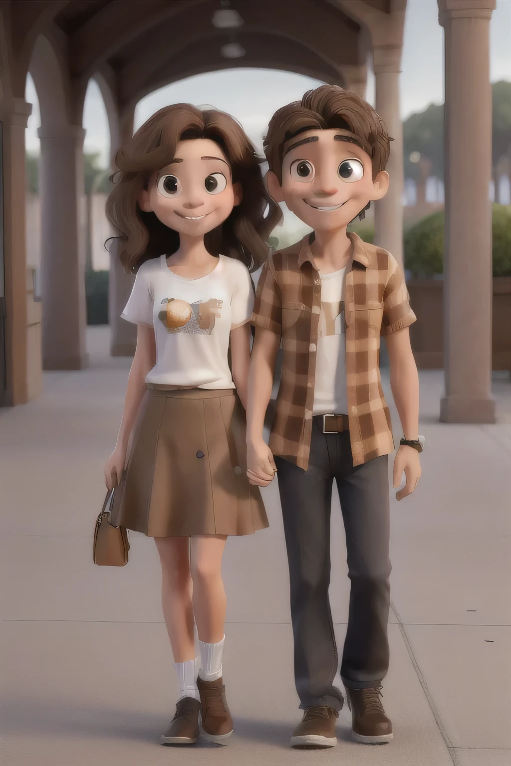"Por favor, take a photo of a couple, un hombre y una mujer, that they are holding hands and are smiling. The woman must have long light brown hair, brown eyes and wearing a skirt and a shirt that says 'Isabella'. El hombre debe tener cabello corto de color negro, Brown eyes, be thin and wear a shirt with the name 'Sebastian'. La foto debe ser tomada durante un atardecer bonito."
