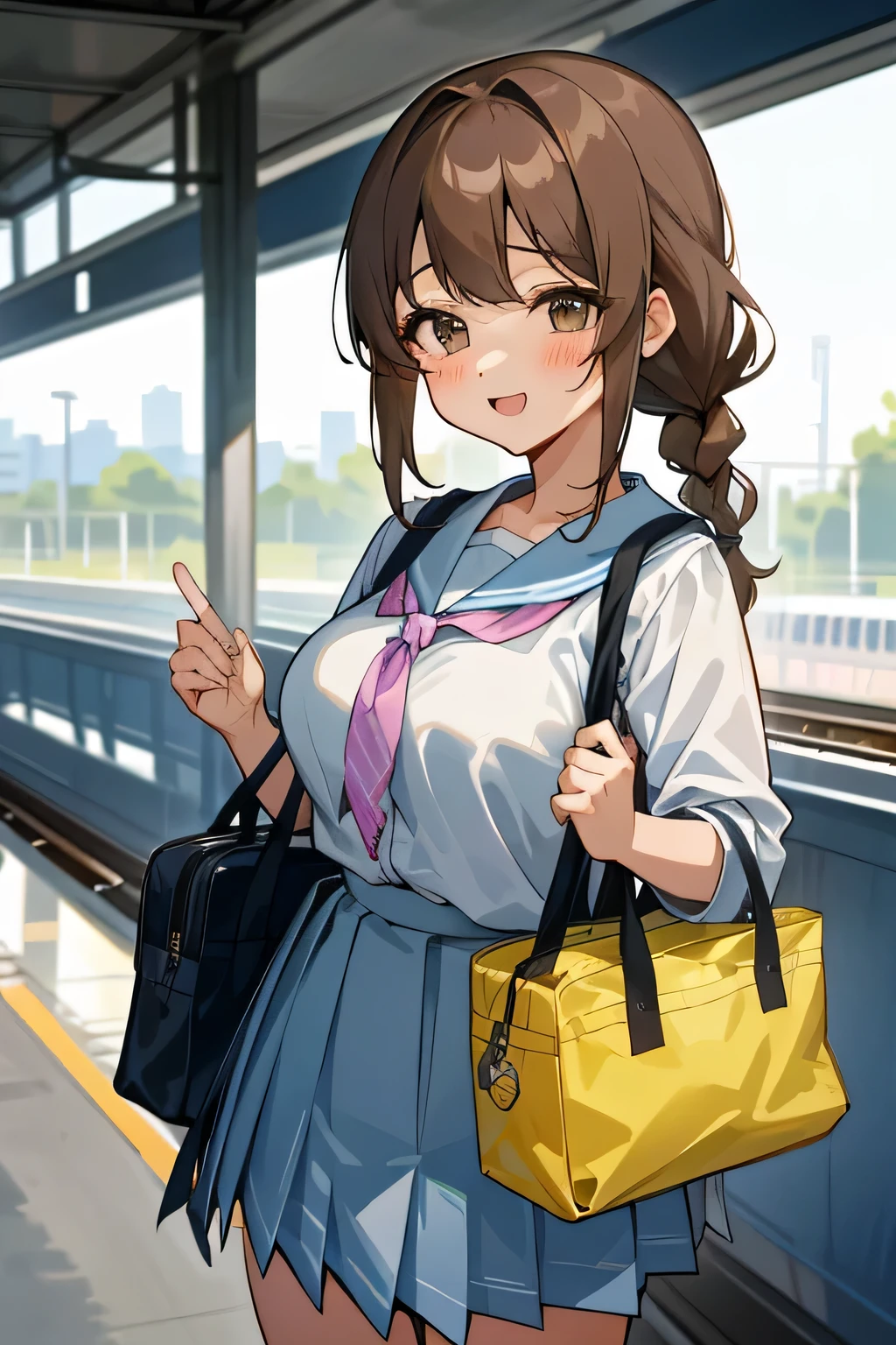 (highest quality:1.4)、ultra high resolution、detailed background、masterpiece、Photoreal、anatomically correct、detailed face、(Detailed beautiful face:1.3)、cute age girl、brown hair or cute hair color、braided bob、braided ponytail、braided hairstyles、(huge breasts:1.3)、realistic、perfect body line、Charm、
cute colored sailor suit、School cardigan with cute pastel colors、plaid pleated mini skirt、white knee high socks、Absolute area、emphasize the chest、emphasize cleavage、cowboy shot、
(on the way to schoolWait for the train at the station platformThree good friends looking at me with happy expressions:1.5)、
on the way to school、Wait for the train at the station platform、A big smile、sexual expression、playful atmosphere、Looks like a really fun atmosphere、cute gesture、cute discreet hair accessories、cute