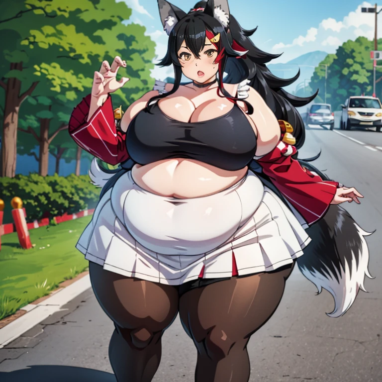 1girl, top heavy figure, (((incredibly big chest))), ((saggy chest)), plump, incredibly plump, ((big belly)), (((big tits))), pout, embarassed, wide, (((obese))), (((fat))), ((love handles)), double chin, out of shape, obese, fatty, tall woman, big bossom, ((milf)), big height, mature, standing, full body, bbw, ssbbw, ookami mio, skirt, white shirt, wide ponytail, yellow eyes, wolf ears, wolf tail, long hair, hair between eyes, black hair, black bikini, pantyhose, high heels,