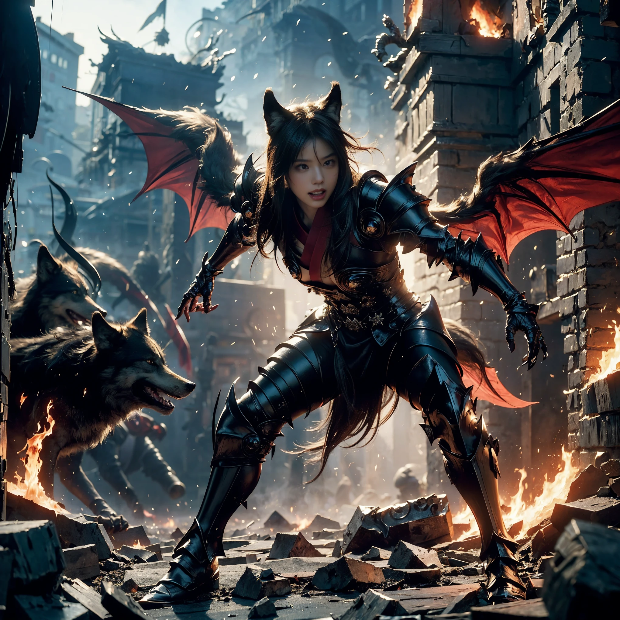 (((Realistic, masterpiece, best quality, crisp detail, high definition, high detail, very rich detail, sharp focus, sharp detail, colorful, rich color, perfect studio lightning))), ((20 years old, beautiful devil, kasumi arimura, evil gothic make up, flying, floating)),(((in the middle of war, epic war scene, attack stance))), wearing (((beautiful decorated black heavy armor, dark dragon armor, decorated full body armor, fully armored beautiful kimono, wide fire diabolos wings))), (flying, holding giant blade, blood scattered face, blood tears, blood bath, blood shed), (((fire everywhere, blood everywhere, death everywhere, japan bakumatsu period, dead bodies,carcass,burned japanese castle, cerberus, three headed wolves, were wolves, hellish,chaos, inferno)) traditional village background, dark atmosphere, bloody night)