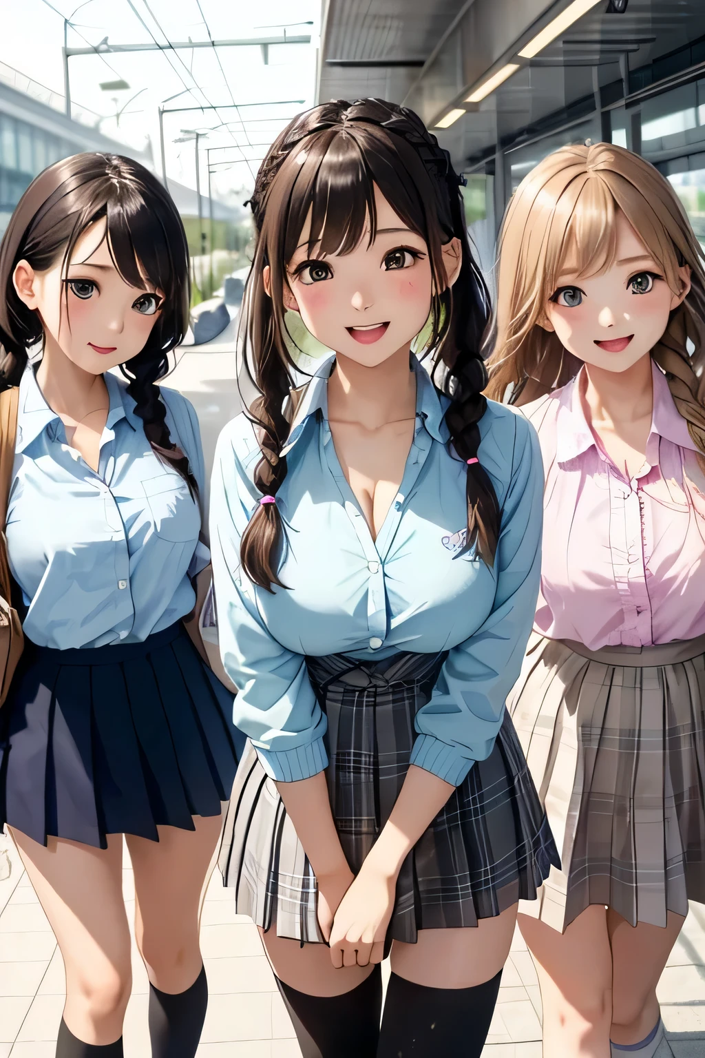 (highest quality:1.4)、ultra high resolution、detailed background、masterpiece、Photoreal、anatomically correct、detailed face、(Detailed beautiful face:1.3)、cute girl、brown hair or cute hair color、braided bob、braided ponytail、braided hairstyles、(huge breasts:1.3)、realistic、perfect body line、Charm、
cute colored sailor suit、School cardigan with cute pastel colors、plaid pleated mini skirt、white knee high socks、Absolute area、emphasize the chest、emphasize cleavage、cowboy shot、
(Three female friends look at each other with happy expressions:1.5)、
on the way to school、Wait for the train at the station platform、A big smile、sexual expression、playful atmosphere、Looks like a really fun atmosphere、cute gesture、cute colored hair accessories、cute
