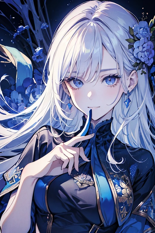 (absurdres, highres, ultra detailed), 1 female, adult, beautiful, tall woman, broad shoulders, finely detailed eyes, light color hair, fantasy, complex pattern, detailed face, throne, magic effect, best ratio four finger and one thumb, ice, bitter cold, cold snap, smile, (dutch angle), closed mouth