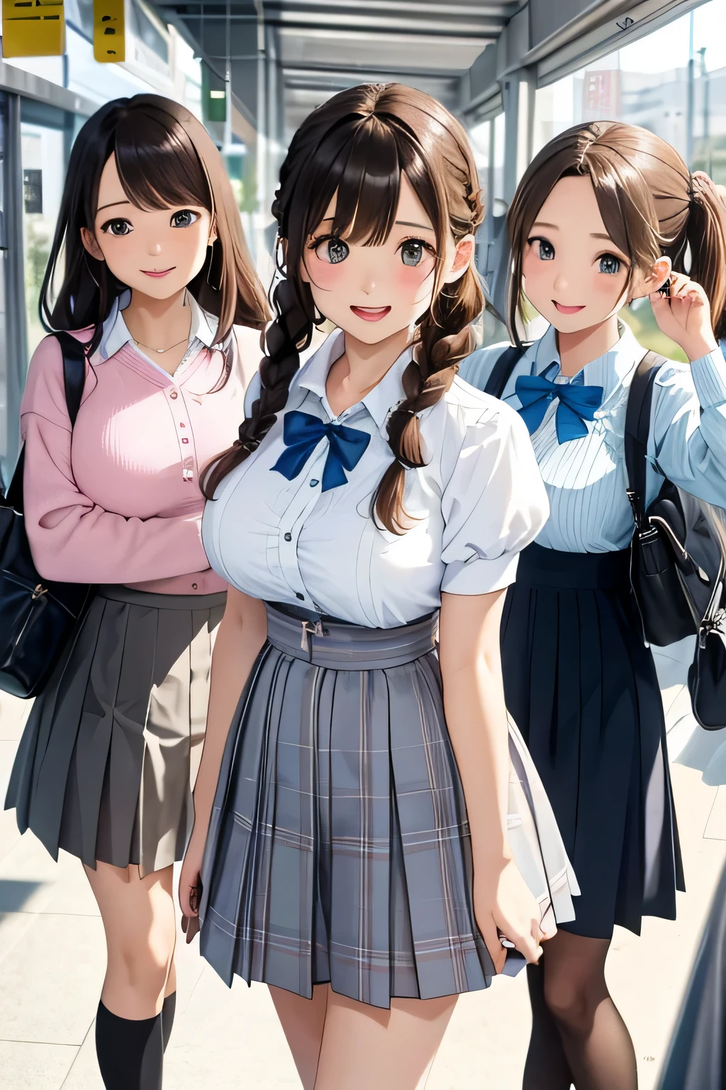 (highest quality:1.4)、ultra high resolution、detailed background、masterpiece、Photoreal、anatomically correct、detailed face、(Detailed beautiful face:1.3)、cute teenage girl、brown hair or cute hair color、braided bob、braided ponytail、braided hairstyles、(huge breasts:1.3)、realistic、perfect body line、Charm、
cute colored sailor suit、School cardigan with cute pastel colors、plaid pleated mini skirt、white knee high socks、Absolute area、emphasize the chest、emphasize cleavage、cowboy shot、
(Three female friends look at each other with happy expressions:1.5)、
on the way to school、Wait for the train at the station platform、A big smile、sexual expression、playful atmosphere、Looks like a really fun atmosphere、cute gesture、cute colored hair accessories、cute