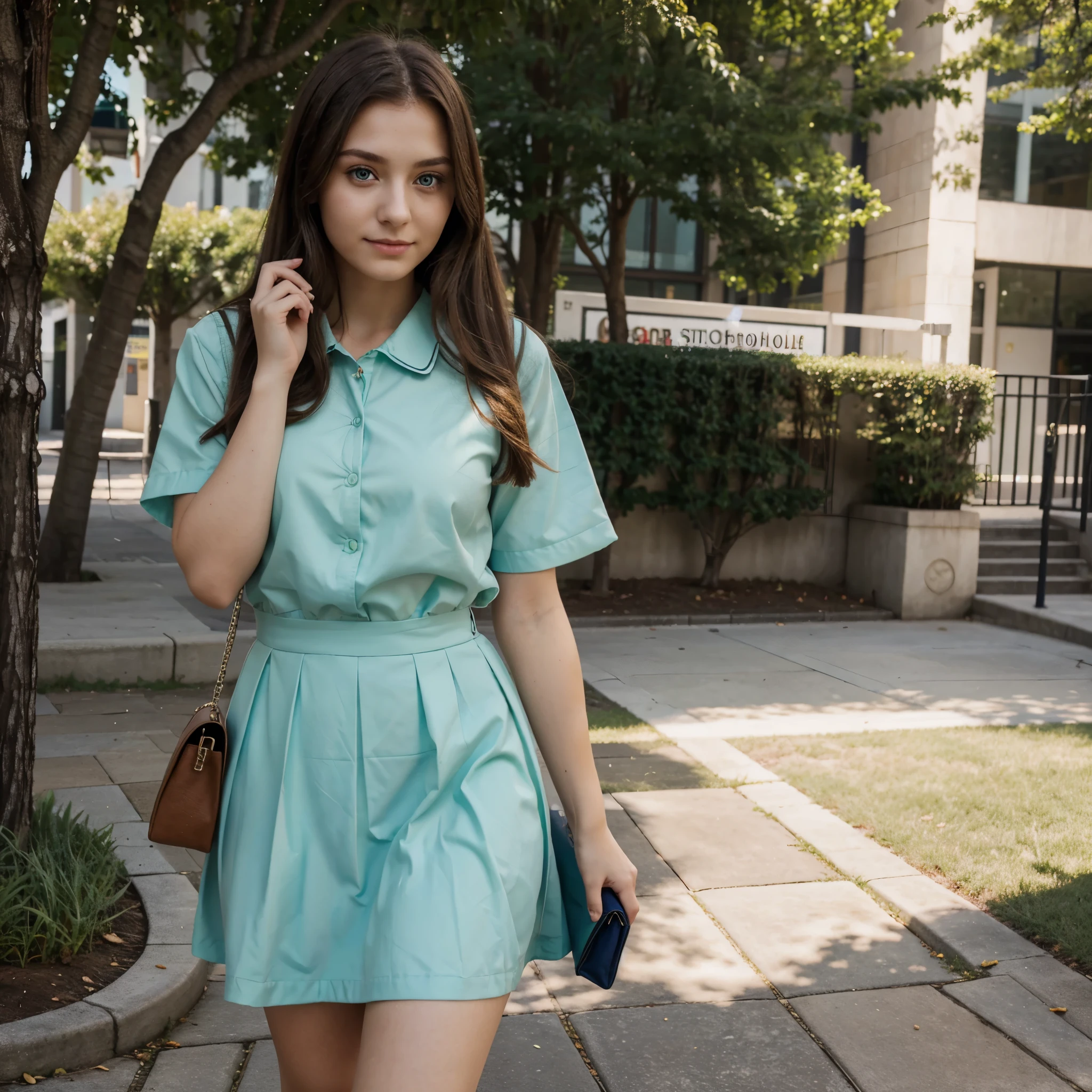Full HD high quality, So beautiful, 23 years old girl with green eyes, dimple on Face, wearing a school dress keep a purse on hand ,
