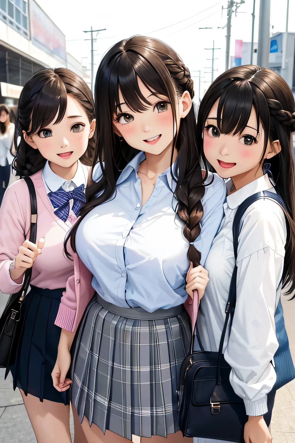 (highest quality:1.4)、ultra high resolution、detailed background、masterpiece、Photoreal、anatomically correct、detailed face、(Detailed beautiful face:1.3)、cute teenage girl、brown hair or cute hair color、braided bob、braided ponytail、braided hairstyles、(huge breasts:1.3)、realistic、perfect body line、Charm、
cute colored sailor suit、School cardigan with cute pastel colors、plaid pleated mini skirt、white knee high socks、Absolute area、emphasize the chest、emphasize cleavage、cowboy shot、
(Three female friends look at each other with happy expressions:1.5)、
on the way to school、Wait for the train at the station platform、A big smile、sexual expression、playful atmosphere、Looks like a really fun atmosphere、cute gesture、cute colored hair accessories、cute