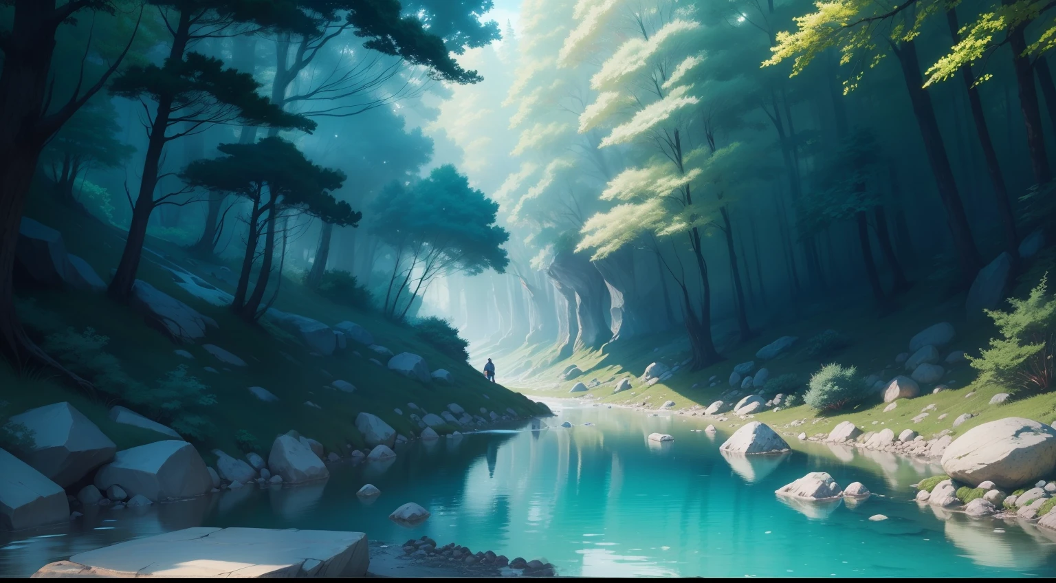 forest, flow, There are many big rocks and small stones next to the stream., blue water, Strong running water, hand drawn style, Wacom, anime, animeーション, anime style