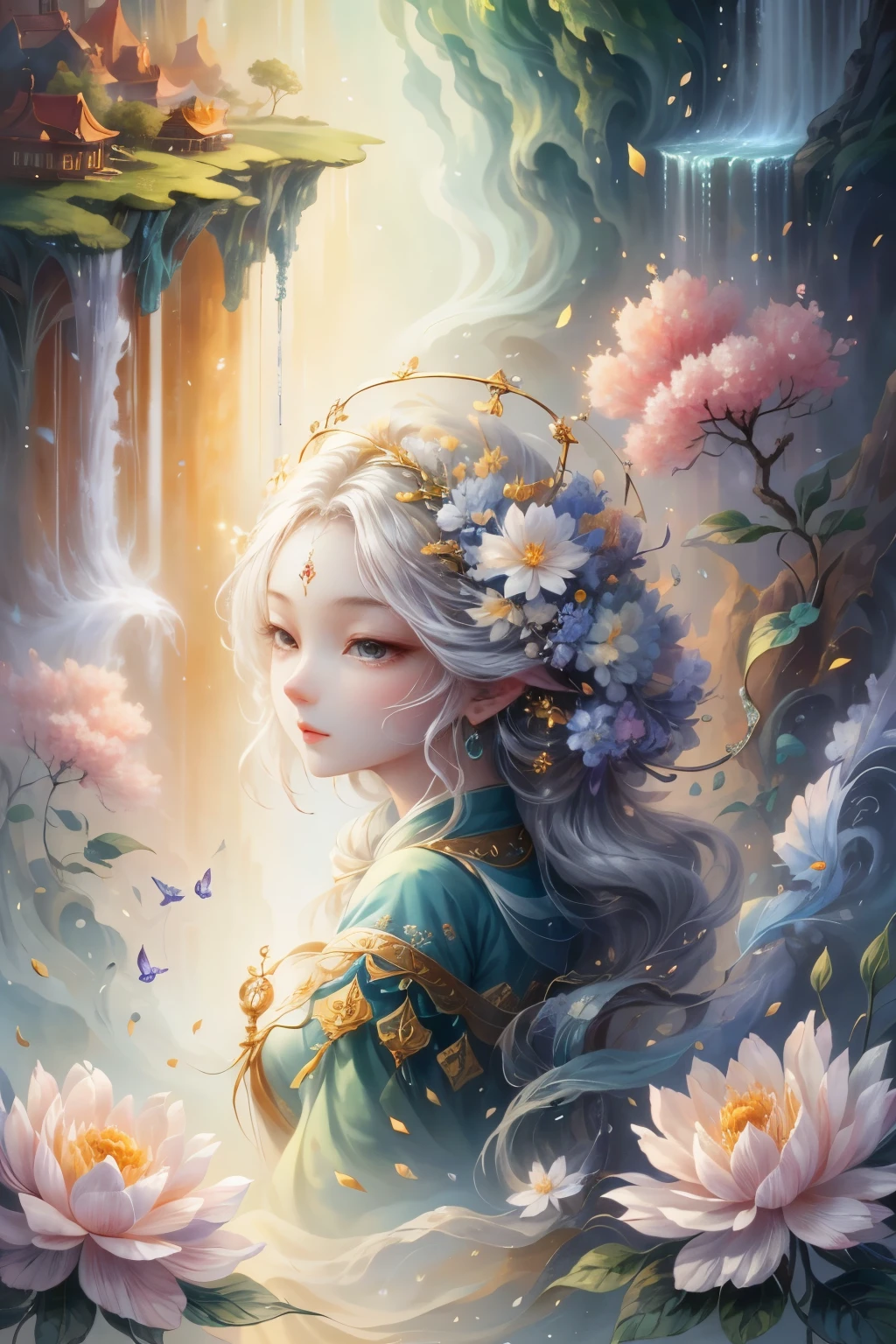 The original，（Enlightenment：1.1），（best quality），（masterpiece：1.1），（Extremely detailed CG Unity 8K wallpapers），（a color：1.2），Jasmine，Jasmine花瓣，landscape，Rios|purely，