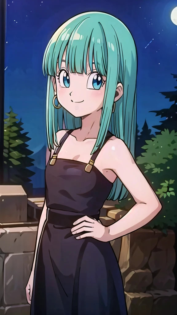 masterpiece, bulla, aqua hair, blue eyes, hoop earrings, smile, black sleeveless maxi dress, moonlight, night sky, street, forest, looking at viewer, cowboy shot 