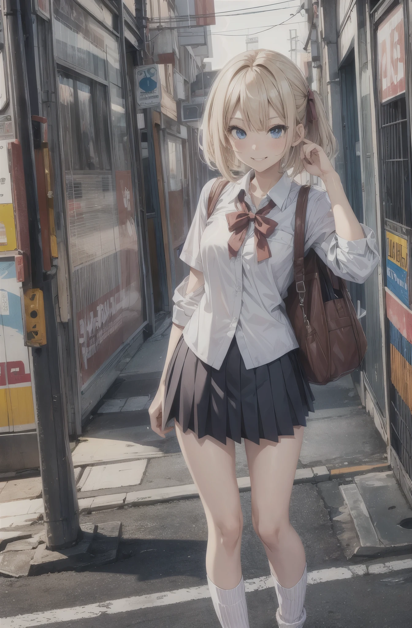 one girl,18 years old girl,gyaru,slender body,short blonde hair,grin,piece sign,high ,blouse,ribbon,skirt,loose socks,loafers