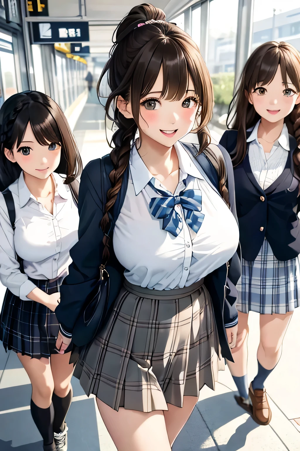 (highest quality:1.4)、ultra high resolution、detailed background、masterpiece、Photoreal、anatomically correct、detailed face、(Detailed beautiful face:1.3)、cute teenage girl、brown hair or cute hair color、braided bob、braided ponytail、braided hairstyles、(huge breasts:1.3)、realistic、perfect body line、Charm、
cute colored sailor suit、School cardigan with cute pastel colors、plaid pleated mini skirt、white knee high socks、Absolute area、emphasize the chest、emphasize cleavage、cowboy shot、
(Three female friends look at each other with happy expressions:1.5)、
on the way to school、Wait for the train at the station platform、A big smile、sexual expression、playful atmosphere、Looks like a really fun atmosphere、cute gesture、cute colored hair accessories、cute