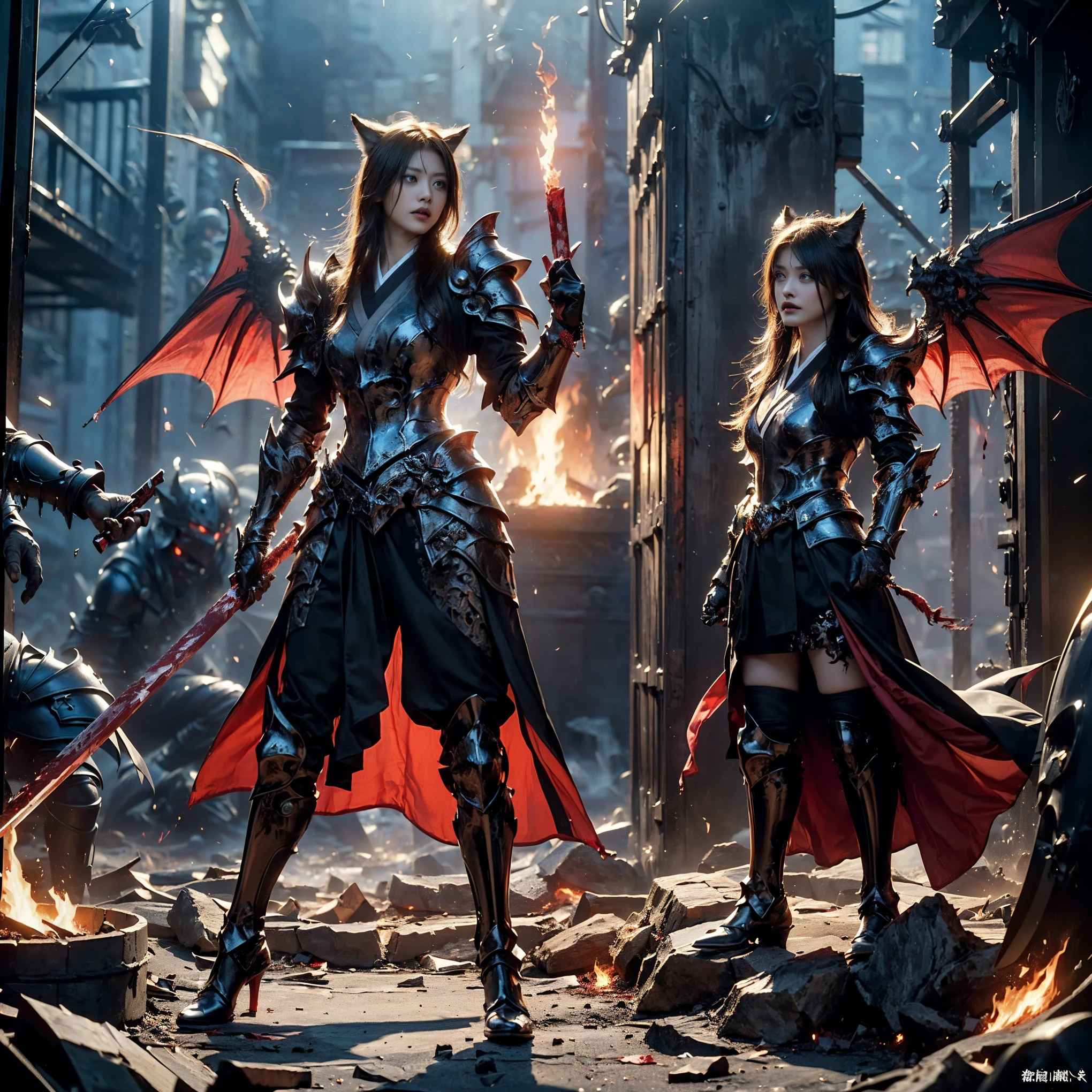 (((Realistic, masterpiece, best quality, crisp detail, high definition, high detail, very rich detail, sharp focus, sharp detail, colorful, rich color, perfect studio lightning))), ((20 years old, beautiful devil, kasumi arimura, evil gothic make up, flying, floating)),(((in the middle of war, epic war scene, attack stance))), wearing (((beautiful decorated black heavy armor, dark dragon armor, decorated full body armor, fully armored beautiful kimono, wide fire diabolos wings))), (flying, holding giant blade, blood scattered face, blood tears, blood bath, blood shed), (((fire everywhere, blood everywhere, death everywhere, japan bakumatsu period, dead bodies,carcass,burned japanese castle, cerberus, three headed wolves, were wolves, hellish,chaos, inferno)) traditional village background, dark atmosphere, bloody night)