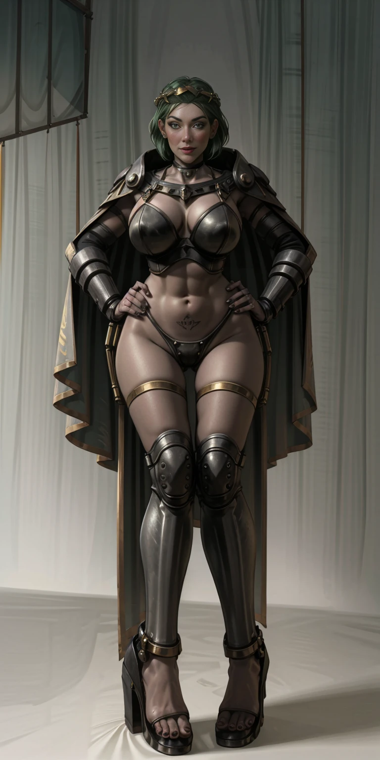 ((white background)) full body female MILF BIMBO, Two long thighs, yellow eyes, green hair, short hair, large breasts, detached sleeves, royal tiara, long cape, yellow tiger bikini, high heels, hands on hips. red tattoo on belly navel, lustful smirking smile face (red blush), metal shoulders, golden bracers sleeveless, black choker sex slave