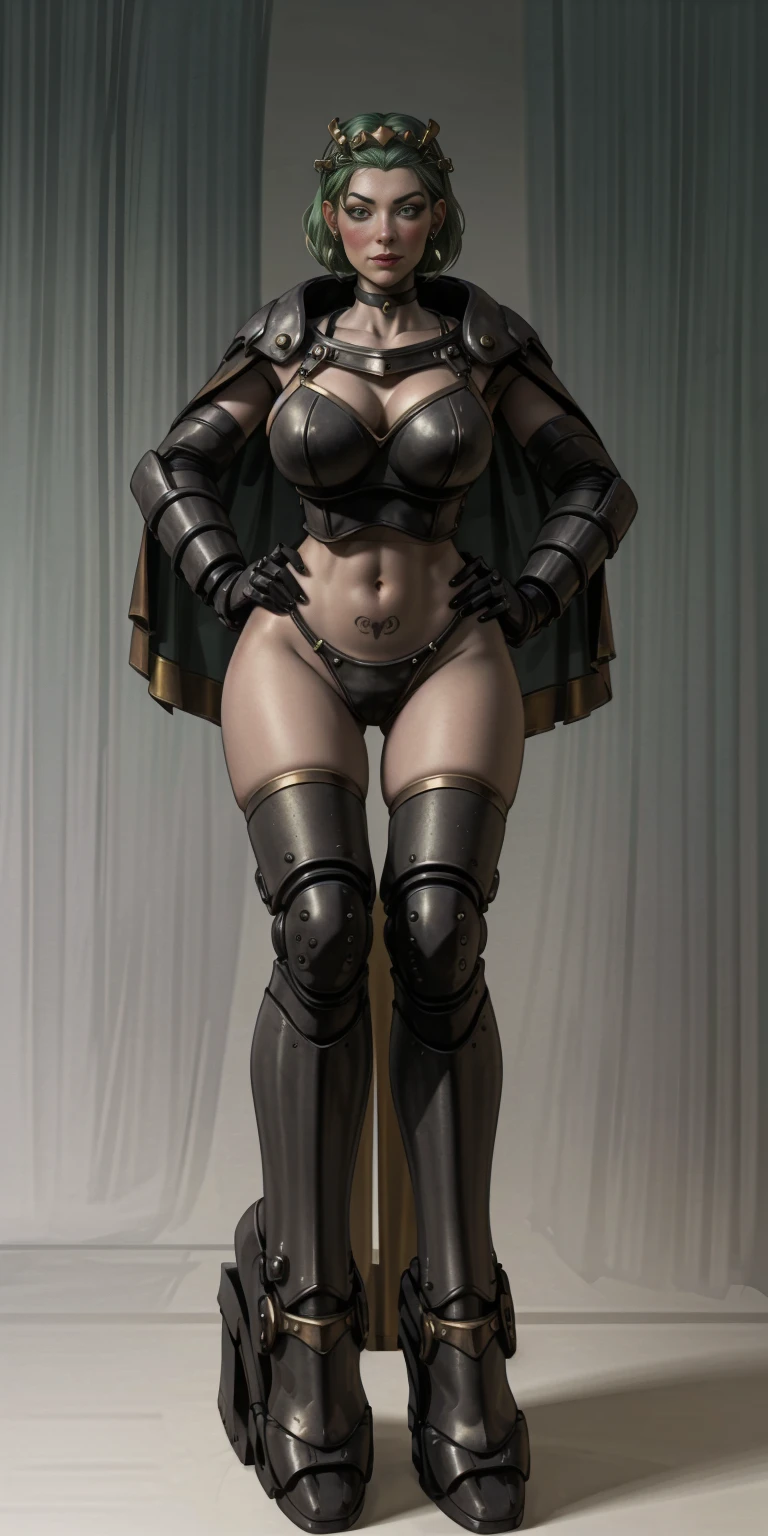 ((white background)) full body female MILF BIMBO, Two long thighs, yellow eyes, green hair, short hair, large breasts, detached sleeves, royal tiara, long cape, yellow tiger bikini, high heels, hands on hips. red tattoo on belly navel, lustful smirking smile face (red blush), metal shoulders, golden bracers sleeveless, black choker sex slave