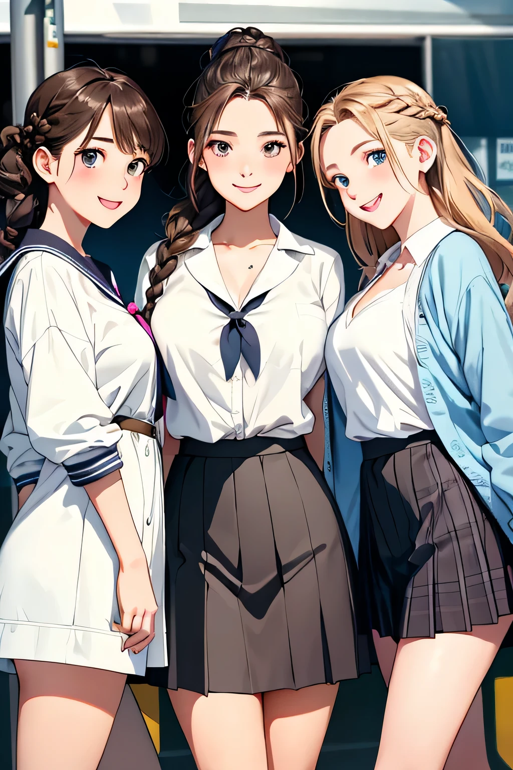 (highest quality:1.4)、ultra high resolution、detailed background、masterpiece、Photoreal、anatomically correct、detailed face、(Detailed beautiful face:1.3)、cute teenage girl、brown hair or cute hair color、braided bob、braided ponytail、braided hairstyles、(huge breasts:1.3)、realistic、perfect body line、Charm、
sailor suit、pastel colored school cardigan、plaid pleated mini skirt、white knee high socks、Absolute area、emphasize the chest、emphasize cleavage、cowboy shot、
(Three female friends look at each other with happy expressions:1.5)、
on the way to school、Wait for the train at the station platform、A big smile、sexual expression、playful atmosphere、Looks like a really fun atmosphere、cute gesture、cute colored hair accessories、cute