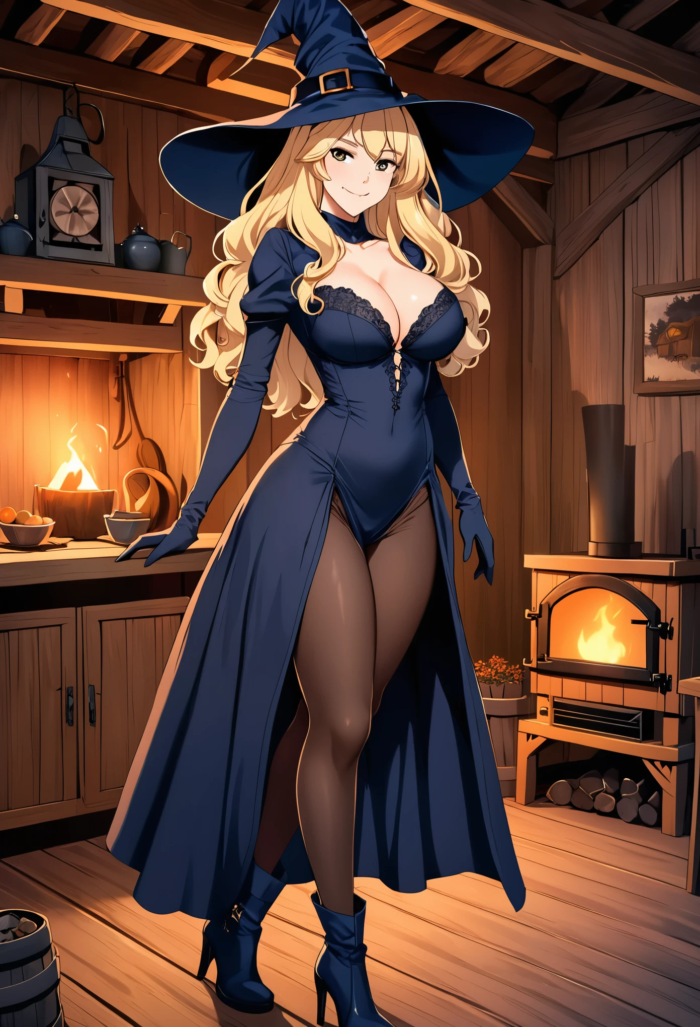 high quality, detailed image, Anime style, woman, lush breasts, Arrogant expression, arrogant look and smile, blonde long drill hairs, in a tight witch dress with a low neckline, in Boots, in pantyhose, wearing long gloves, In the witch's hat, standing in the living room of the witch's hut in the evening, medieval fantasy