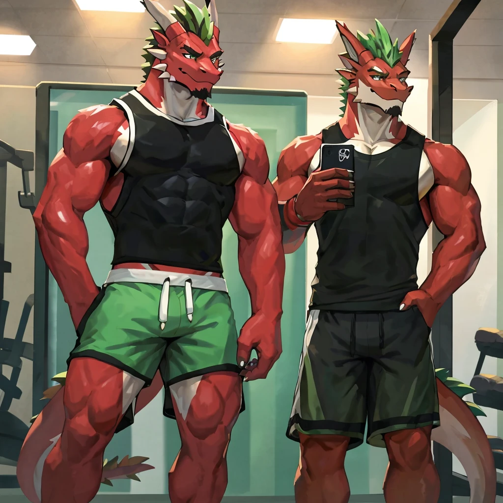 there is a red dragon taking a selfie in a mirror, athletic tall handsome guys, big abs, wearing a tank top and shorts, fit pic, tight green tank top and shorts, wearing green shorts, wearing fitness gear, in shorts, in a gym, sporty physique, full body picture, tight black tanktop, wearing tanktop, 30 year old man :: athletic