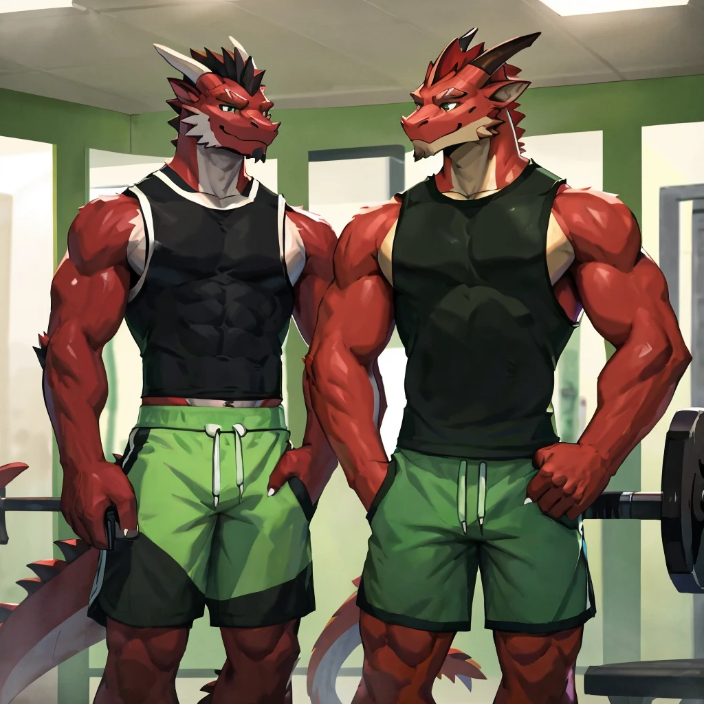 there is a red dragon taking a selfie in a mirror, athletic tall handsome guys, big abs, wearing a tank top and shorts, fit pic, tight green tank top and shorts, wearing green shorts, wearing fitness gear, in shorts, in a gym, sporty physique, full body picture, tight black tanktop, wearing tanktop, 30 year old man :: athletic