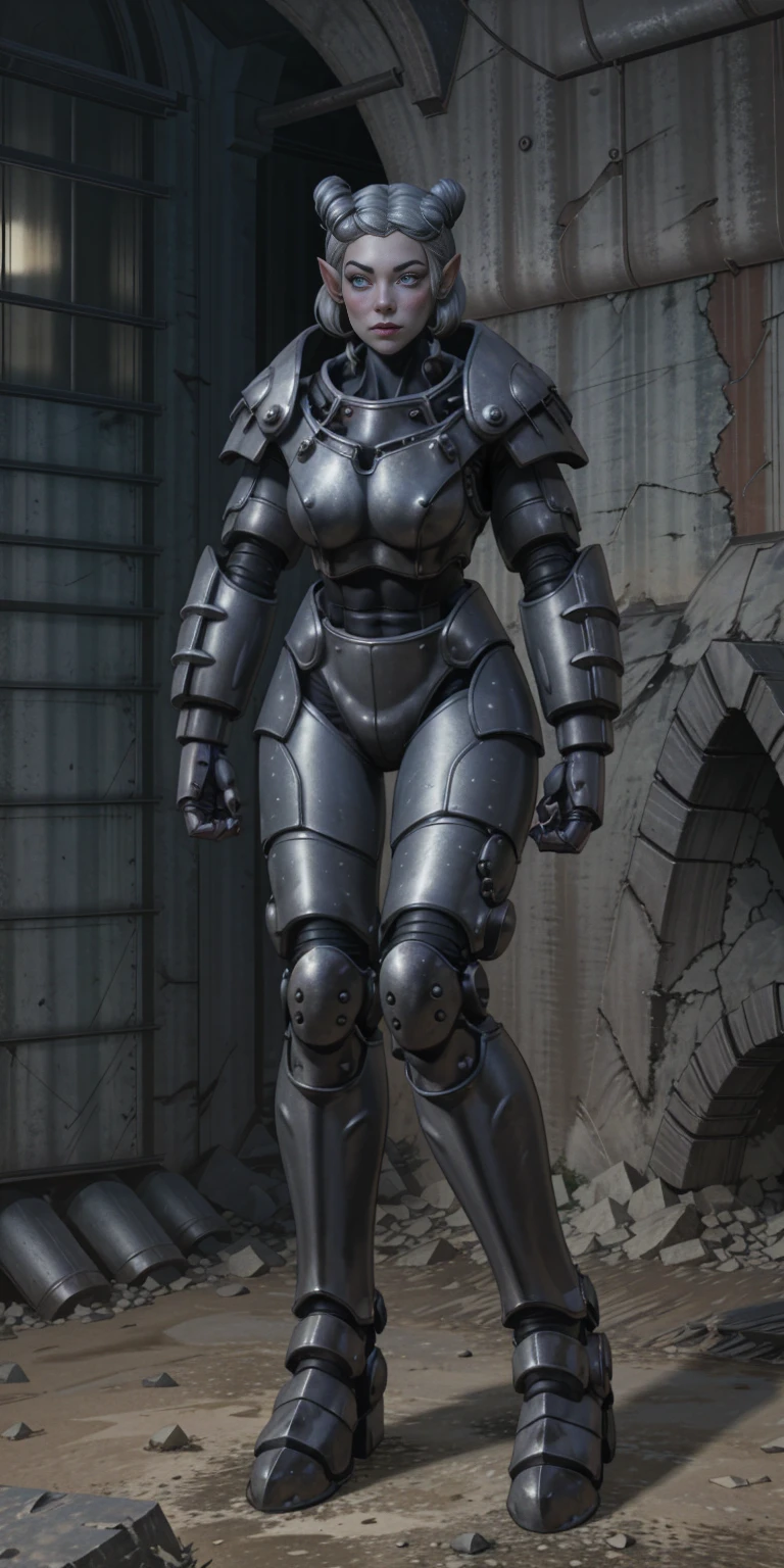 full body, def_effie, blue breastplate, blue skin, looking at viewer, shiny,armor, thighhighs, high boots,shoulder armor, faulds, poleyn, gloves, gauntlets, Rerebrace armored boots, pauldrons,(masterpiece, best quality, ultra-detailed, best shadow) yordle (1girl)( blue skin:1.2) pointy ears muscular lean platinum blonde long twin-tails hairstyle at the office lustful smirking smile face red blushed, blush, strong abs, female body builder, tiara, twin drills hair