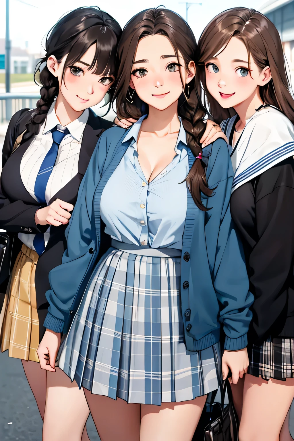 (highest quality:1.4)、ultra high resolution、detailed background、masterpiece、Photoreal、anatomically correct、detailed face、(Detailed beautiful face:1.3)、cute girl、brown hair or cute hair color、braided bob、braided ponytail、braided hairstyles、(huge breasts:1.3)、realistic、perfect body line、Charm、
sailor suit、pastel colored school cardigan、plaid pleated mini skirt、white knee high socks、Absolute area、emphasize the chest、emphasize cleavage、cowboy shot、
(Three female friends look at each other with happy expressions:1.5)、
on the way to school、Wait for the train at the station platform、A big smile、sexual expression、playful atmosphere、Looks like a really fun atmosphere、cute gesture、cute colored hair accessories、cute