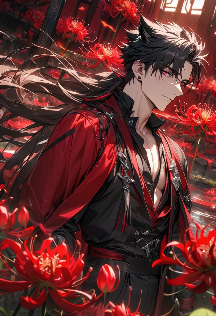 absurdres, highres, ultra detailed, HDR, master piece, best quality, perfect face, beautiful eyes, realistic face, Luo Binghe, black long hair, without bangs, expressive red eyes, Scumbag System, solo, sexy man, handsome, red mark on the forehead, black and red robes, patterns, accessories, toned chest, red roses, red petals, red glass stained window, glittering, church