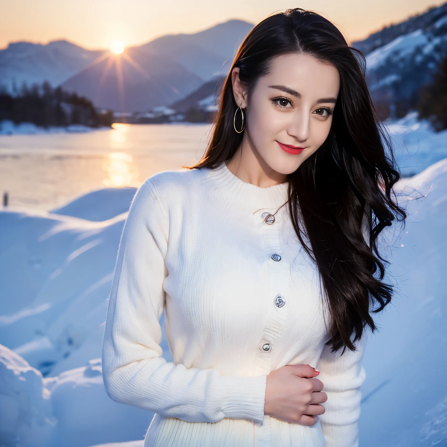 ((top quality、8k、​Masterpiece:1.3))、Extremely delicate and beautiful girl，full-body shot，huge breasts，bigger breasts，amazing breast size，G cup，Half of the breasts are exposed。Wear big earrings，Very white skin，moist red lips，Waist is very thin，Thighs are very thin，big butt，fair and smooth skin，Smooth and fair skin，flawless skin，Fair and shiny skin，cold white skin，The camera focuses on the chest，Bright light，white sweater，Lower body exposed，white hair，White hair，heavy snow，snow mountain，sunset，lake，sweet smile，mouth slightly open