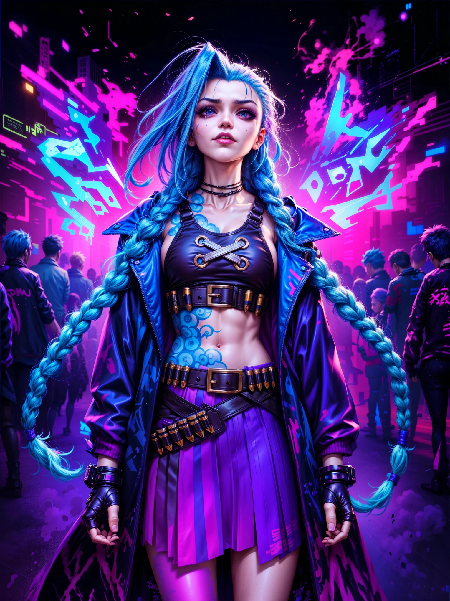 a close up of a person with blue hair and a purple skirt, digital cyberpunk - anime art, cyberpunk art style, digital cyberpunk anime art, rossdraws cartoon vibrant, cyberpunk artstyle, in cyberpunk style, bright cyberpunk glow, cyberpunk anime girl, dark cyberpunk illustration, anime cyberpunk art, female cyberpunk anime girl, cyberpunk vibe, portrait of jinx from arcane