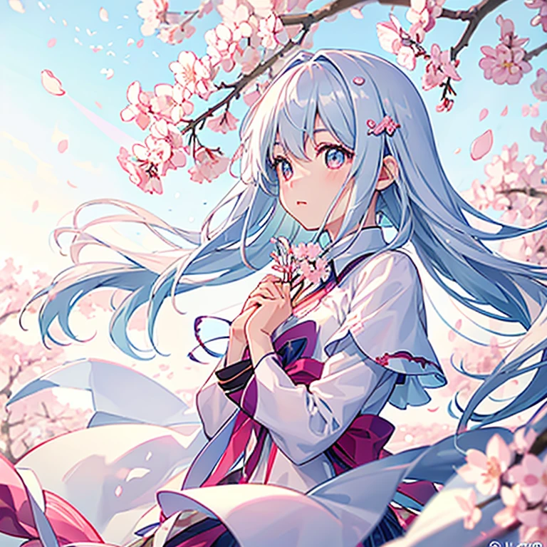 super high quality,  cute woman, 8K, evening、When I look up at the sky fluttering in the wind, Admire the cherry blossoms in full bloom. BREAK Those eyes seem to be gently touching the petals of cherry blossoms,
.