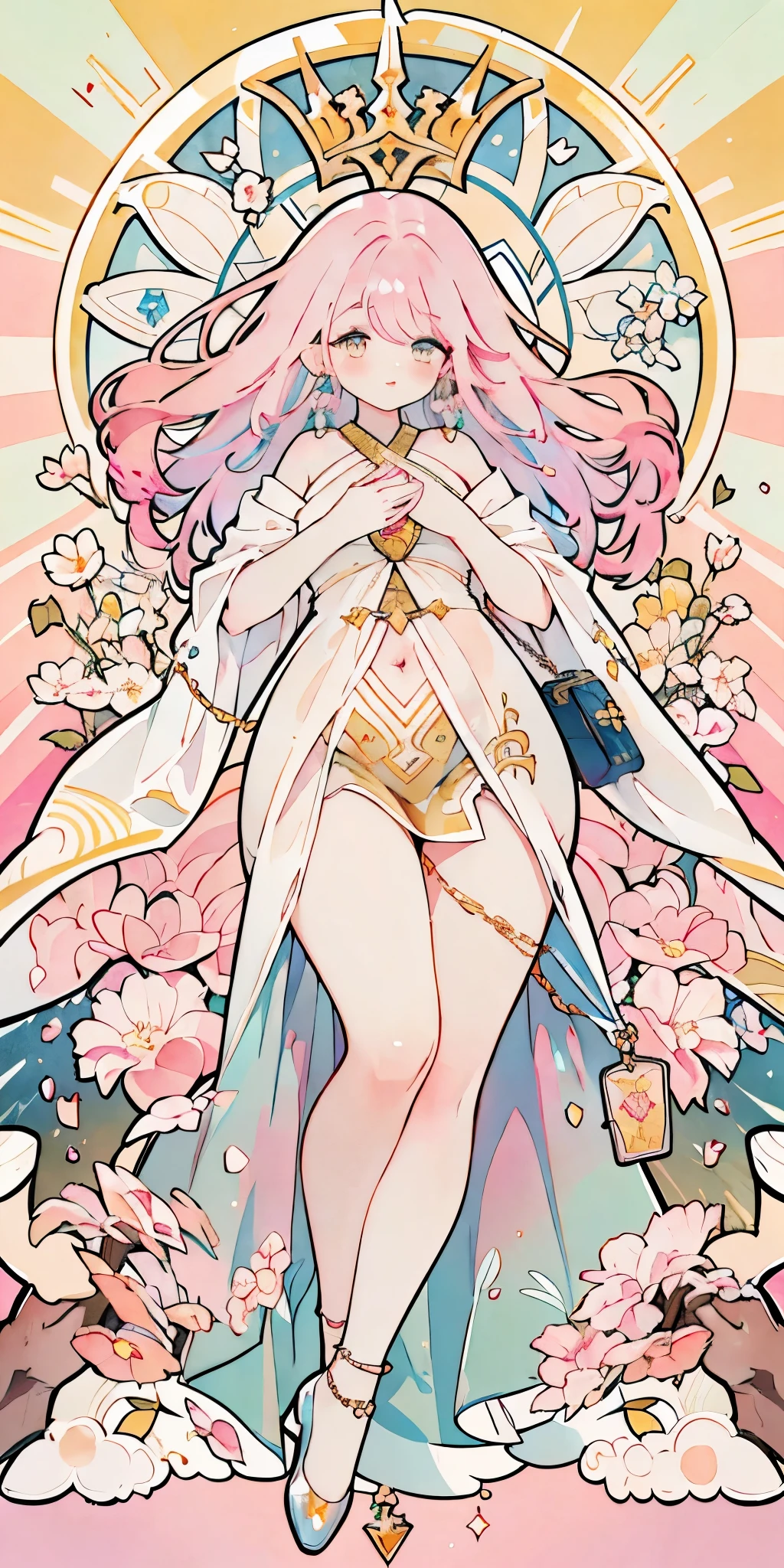 (((pink hair))), Mr.々hairstyle, merchant, absurdres, highres, ultra detailed, beautiful, masterpiece, best quality, (1girl:1.2), Medieval, ((tarot)), bard, dancer, bare bare shoulders, cane, sword, shield, crystal, Gather Dresses, coat four, ((Lightweight clothes, Backless cloths, hair chain, earrings, sunscreen, pumps, heel shoes, waist jewelry, belly chain, body accessories)), symbolism, Visual art, occult, universal, vision casting, philosophy, iconography, numerology, Popularity, art, Alphonse Mucha, perfect hands, perfect feet, (fullbody), myth, goddess, fold your hands in front of your chest, ((ultra-detailed face), (cute eyes), ((thicc)), Hair color gradient, accurate focus, (upturned eyes :1.5), long hair, yellow eyes, Beautiful Girls in Anime , ((purse your lips, Throw kiss, flirty smile)), (shiny body:1.8)、big breasts、full of embarrassment、(Ahegao:1.5)