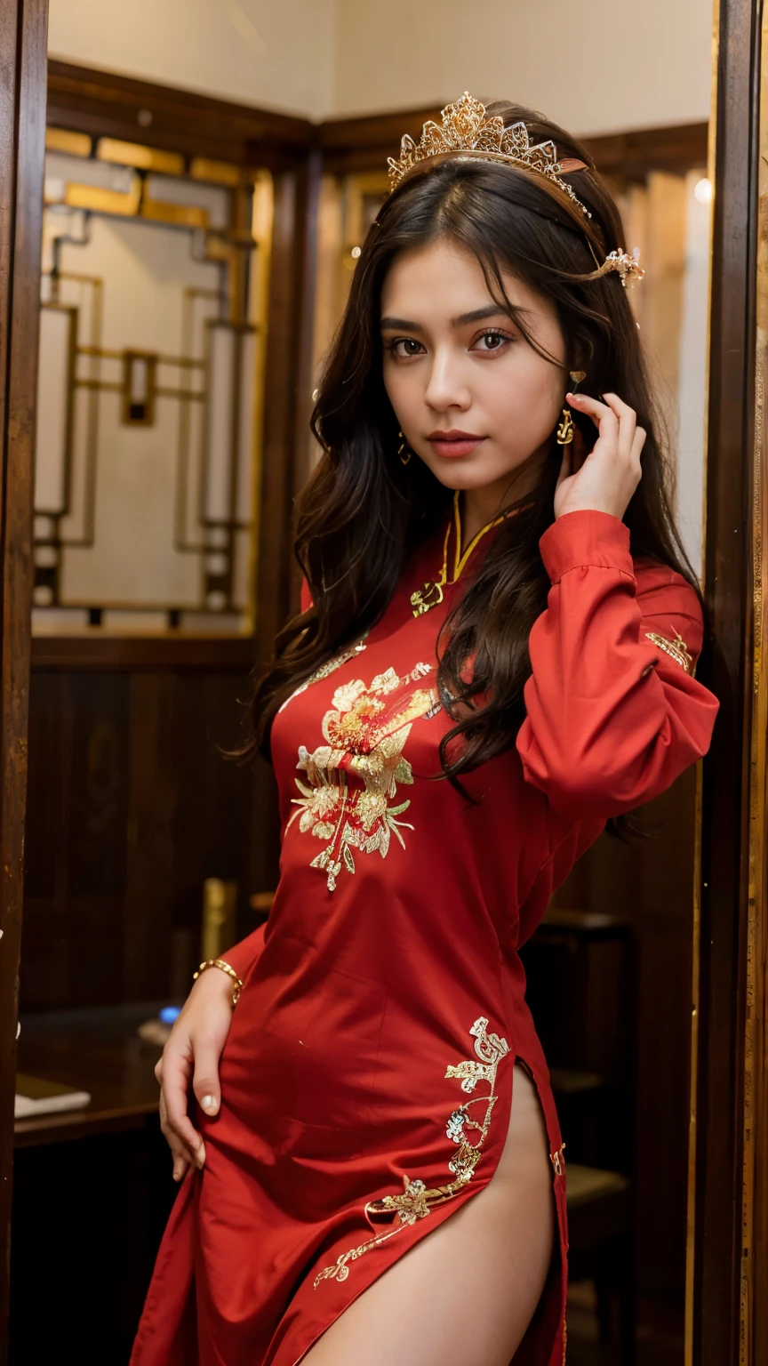 masterpiece,best quality,1girl, brown eyes, black_hair, chinese clothes,red dress,crown,jewelry,hair ornament,looking_at_viewer, cowboy shot,
