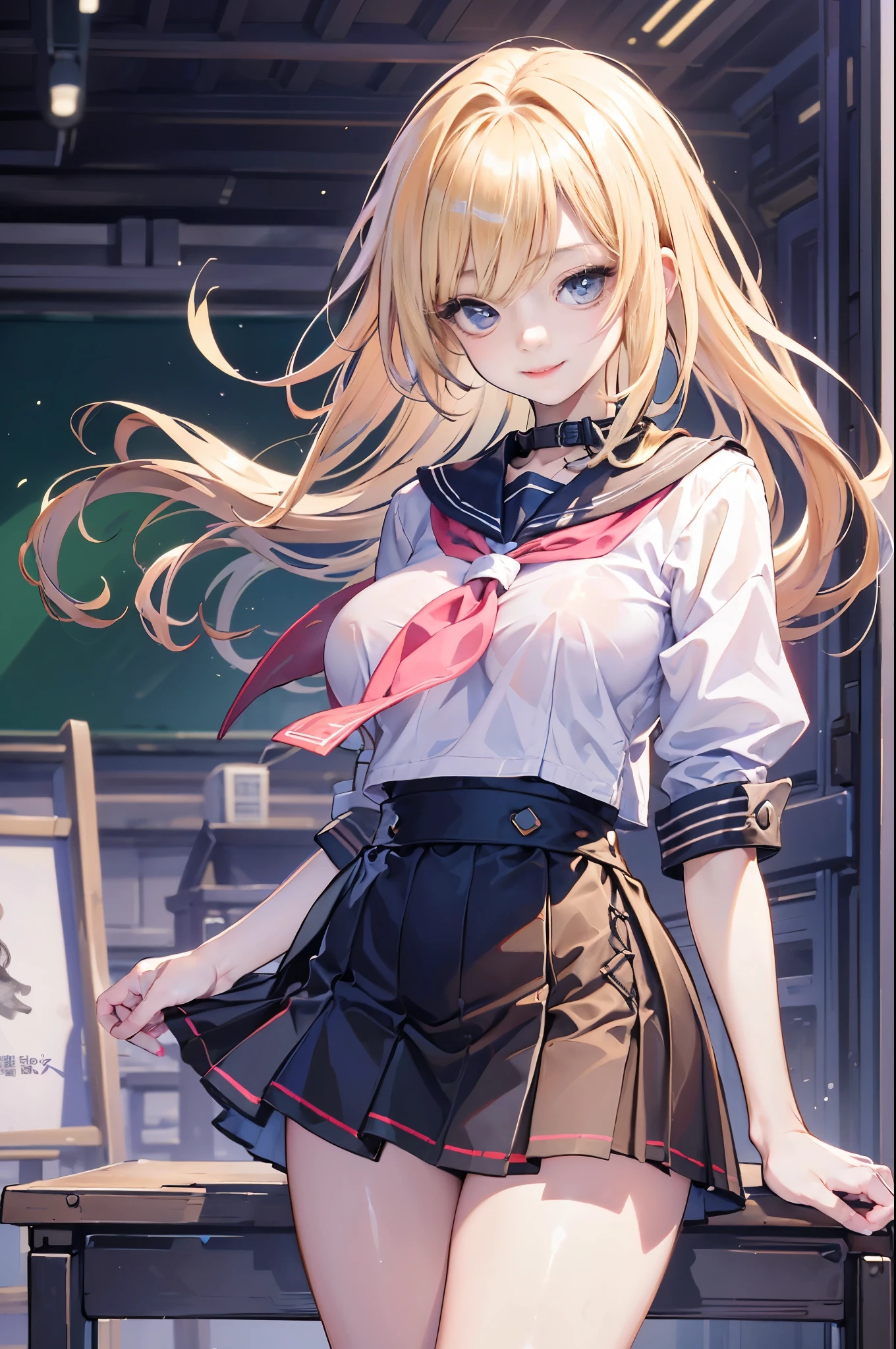 highest quality, masterpiece, high detail, 16K quality, beautiful , ライトブラウンのbeautiful目, 豊満なbig breasts, she is looking at the camera, Enchanted expression, ((beautiful女子高生:1.3)), sailor suit, very cute, mini skirt, In the classroom, big breasts, (RAW photo、highest quality、masterpiece:1.2)、(realistic、Photoreal:1.37)、super detailed、超A high resolution、1 girl、see the beholder、beautiful and detailed face、laughter、narrow、(slim waist) :1.3)、Beautiful and smooth skin、skin texture、floating hair、professional lighting、human body as a whole、black hair, long hair、blonde、Japanese height 、admission、、E cup、Smile、16 years old、red ribbon、baby face、young smile、No makeup、moisturizing lips、light pink lips、