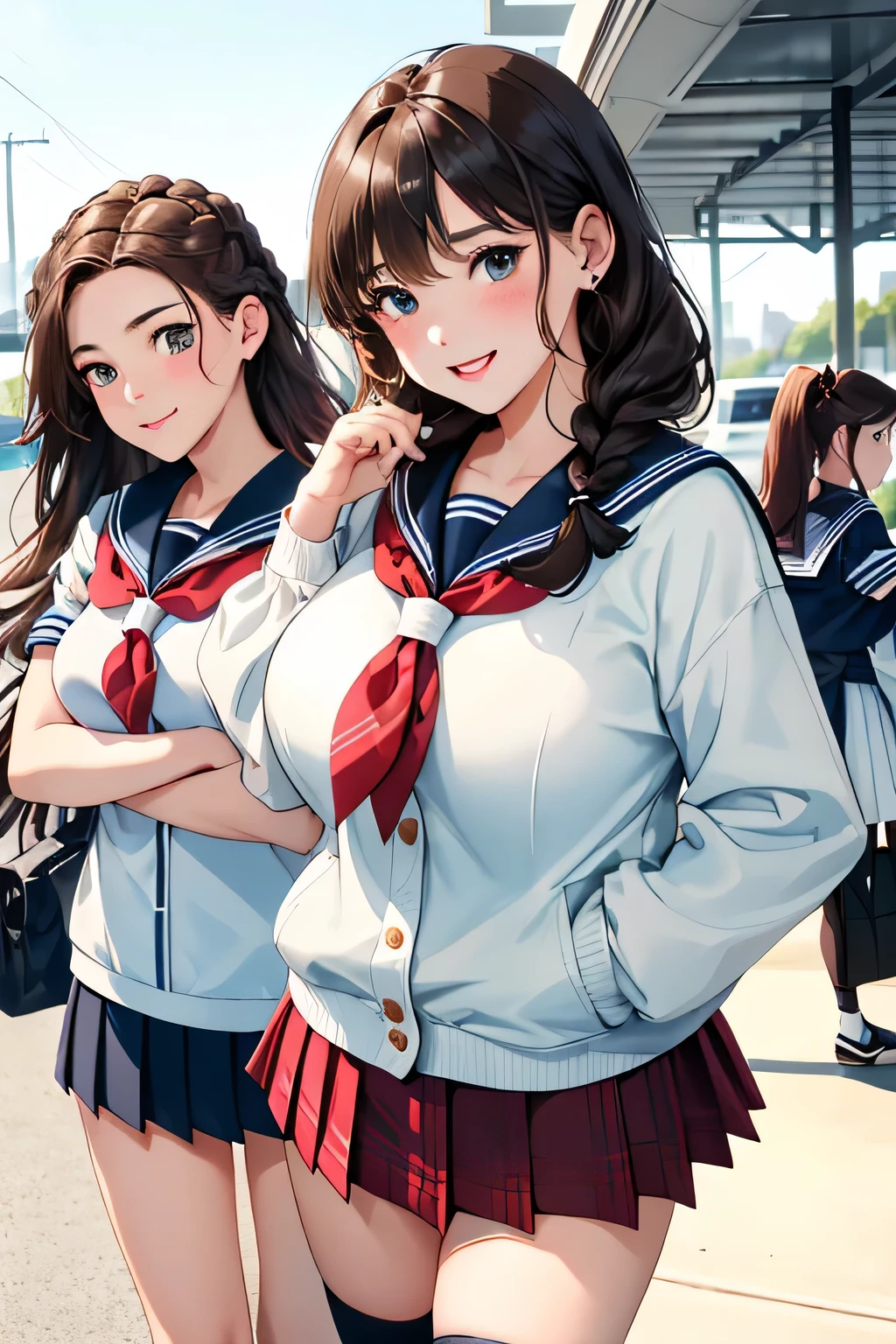 (highest quality:1.4)、ultra high resolution、detailed background、masterpiece、Photoreal、anatomically correct、detailed face、(Detailed beautiful face:1.3)、cute teenage girl、brown hair or cute hair color、braided bob、braided ponytail、braided hairstyles、(huge breasts:1.2)、realistic、perfect body line、Charm、
(sexy white sailor suit:1.2)、(light blue sailor color:1.2)、red plaid pleated mini skirt、white knee high socks、Absolute area、emphasize the chest、emphasize cleavage、cowboy shot、
(Three female friends look at each other with happy expressions:1.5)、
on the way to school、Wait for the train at the station platform、A big smile、playful atmosphere、cute gesture、cute