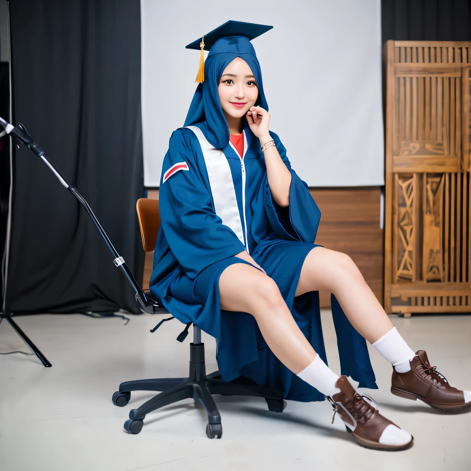 showing a studio photo of a girl with an Indonesian face, wearing a full body hijab sitting on a chair wearing graduation attributes complete with a toga hat and izasah reels, best photography professional posing,, ultra HD, masterpiece, 8K, real pictures