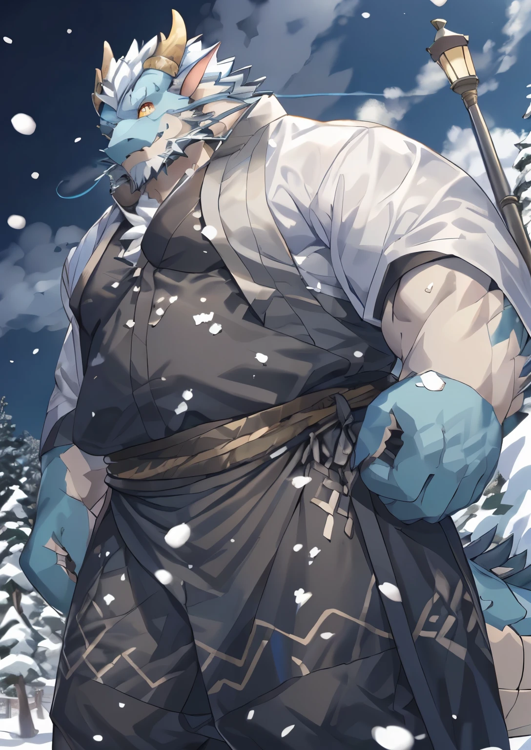 (black skin oriental dragon),(黑白阴阳将军Naked breasts和服),坚Strong姿态,stand calmly,(The background is a city covered in ice and snow:1.2),abdomen ,heroic posture飒爽,perfect masterpiece,Various facial details,distance perspective,specific description,masterpiece,CG,(golden eyes),black and white pattern,dark purple tail,General,heroic posture,dragon,black and white fur,specific facial details,Half body,(Chang Ling),((middle aged)),(Face focus),(16K),HD,black and white belly,temple,beard,(Noodles),different students,(Black and white yin and yang nude kimono),(black and white hair),Strong,muscle,(High resolution:1.3),(Standing in front of the snow-covered city),(close up),(Detailed face:1.5),Perfect details,(Half body),(Detailed depiction of face:1.5),(Zoom in on face:1.5),(白色Noodles:1.2),(black beard:1.3),(white face;1.6),white body,Dense chest hair,濃密abdomen毛,裸abdomen,Naked breasts,Fat body