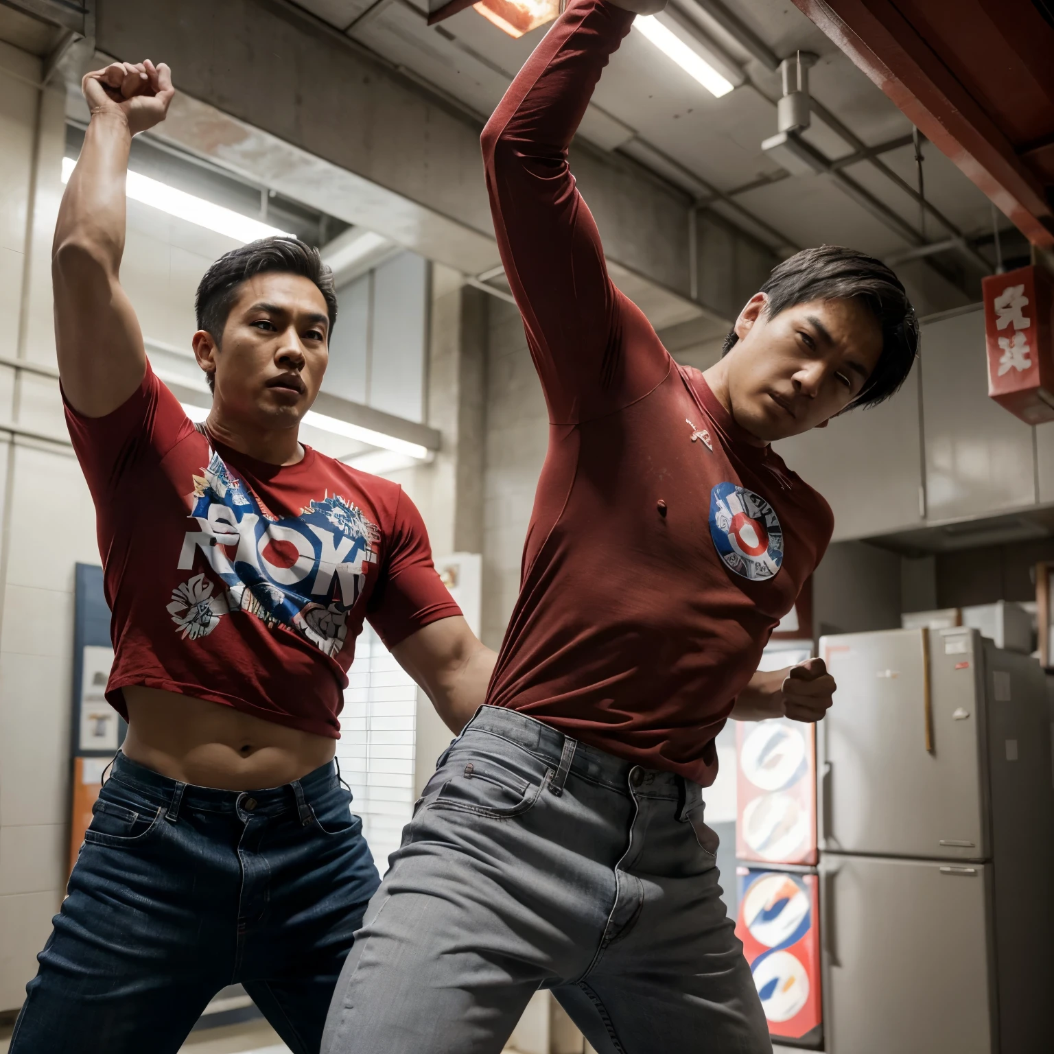 Ultra hyper realistic photo of a  ,Filipino handsome man,short messy grey hair,red shirt with printed "portski" , jeans, and ultraman in an epic duel located somewhere near Japan city, it is seen that the ultraman received a heavy kick from the man, dynamic background, UHD