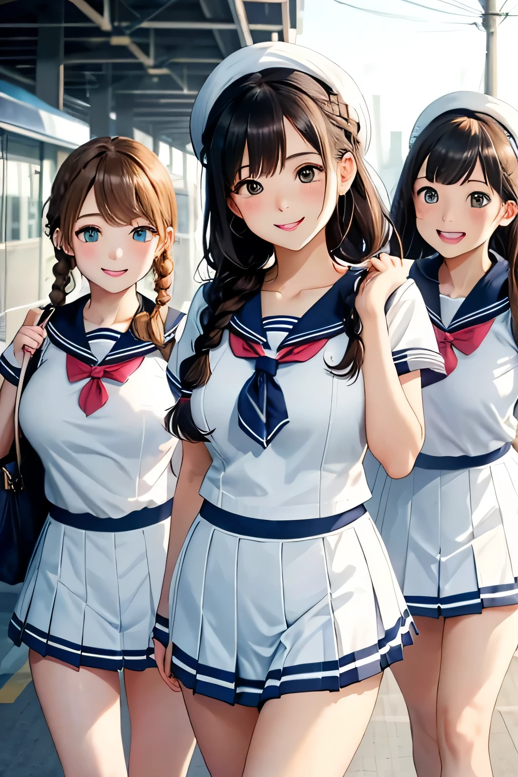 (highest quality:1.4)、ultra high resolution、detailed background、masterpiece、Photoreal、anatomically correct、detailed face、(Detailed beautiful face:1.3)、cute teenage girl、brown hair or cute hair color、braided bob、braided ponytail、braided hairstyles、(huge breasts:1.3)、realistic、perfect body line、Charm、
(sexy white sailor suit:1.2)、(light blue sailor color:1.2)、plaid pleated mini skirt、white knee high socks、Absolute area、emphasize the chest、emphasize cleavage、cowboy shot、
(Three female friends look at each other with happy expressions:1.5)、
on the way to school、Wait for the train at the station platform、A big smile、playful atmosphere、touch each other&#39;s bodies、cute gesture、cute