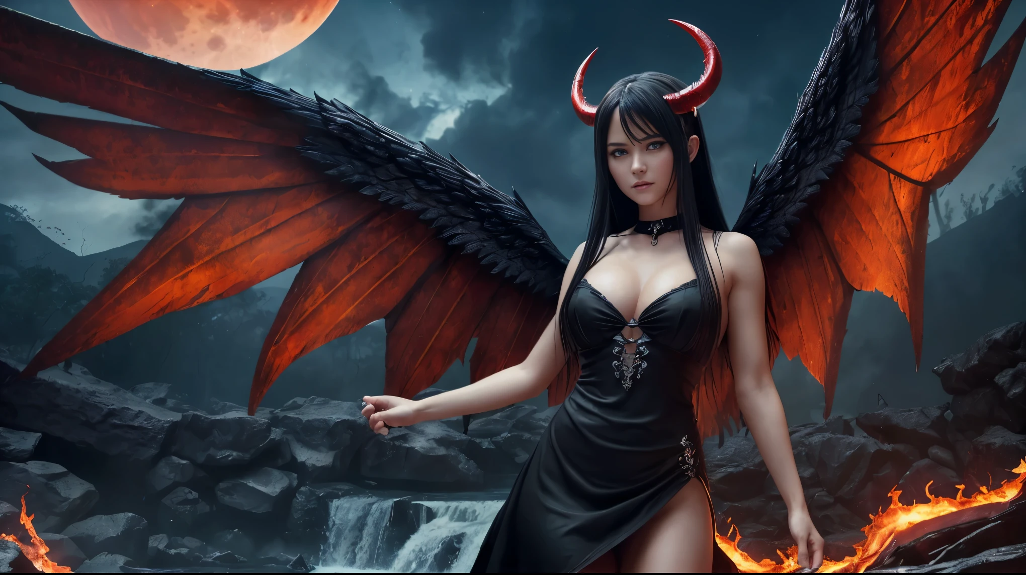 (Highly realistic image), Fantasy scene, Centerpiece, masterpiece, Ultra detailed, High quality, 4k, complex, expert, Center, (volumetric lighting), beautiful, dark masterpiece, (ultra detailed landscape), (sharp landscape), (sharp image), (dark scene), (dark atmosphere). Ultra-detailed Eurasian girl, 21 years old, angel, Fallen angel, Black angel, (2 big wings:1.5), (2 folded wings:1.5), Black feather, (blue eyes:1.3), (long straight black hair:1.3), (beautiful Big breasts), showing great cleavage, darkness, charming smile, (2 black horns:1.3), straight black hair, Evil creature, fire, (red flames moon), (blue flames in the land:1.3), (red lightning in the sky:1.5), thunderstorm, (waterfalls:1.5), skull, Black thorn hair ornament, (black dress:1.5), (chain dress), Black Crown Her demon wings on her back and demon horn give her an invincible aura, standing in waterfalls in the destroyed land, (blood red moon:1.3). Naked body. (View viewer), (low angle), (cowboy shot), (upper half of the body:1.3), (sensual dynamic pose), (perfect slim body), (perfect anatomy), (perfect hand), Nice legs and hot body, more detail, realistic, Masterpiece