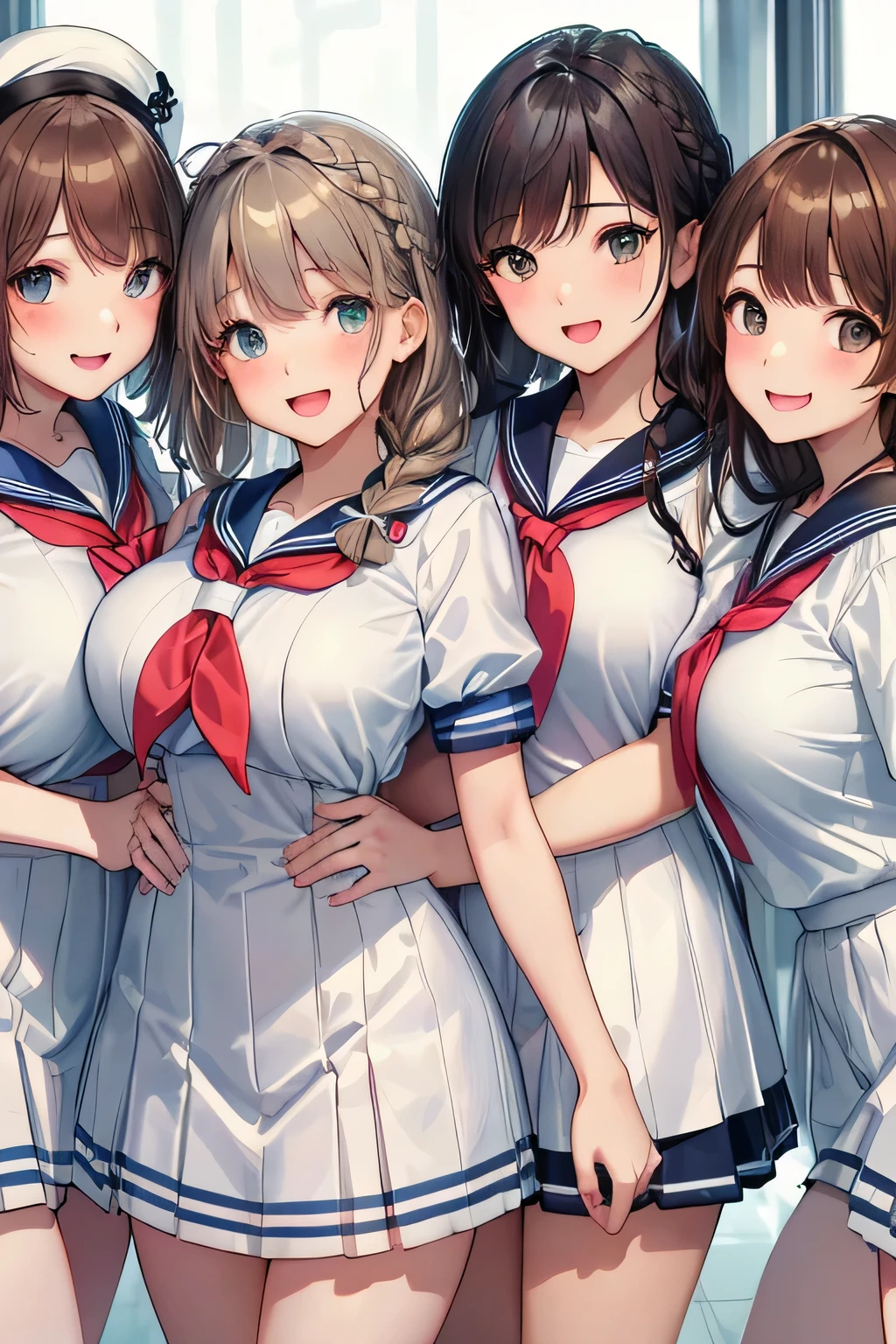 (highest quality:1.4)、ultra high resolution、detailed background、masterpiece、Photoreal、anatomically correct、detailed face、(Detailed beautiful face:1.3)、cute age girl、brown hair or cute hair color、braided bob、braided ponytail、braided hairstyles、(huge breasts:1.3)、realistic、perfect body line、Charm、
(sexy white sailor suit:1.2)、(light blue sailor color:1.2)、plaid pleated mini skirt、white knee high socks、Absolute area、emphasize the chest、emphasize cleavage、cowboy shot、
(Three female friends look at each other with happy expressions:1.5)、
on the way to school、Wait for the train at the station platform、A big smile、playful atmosphere、touch each other's bodies、cute gesture、cute