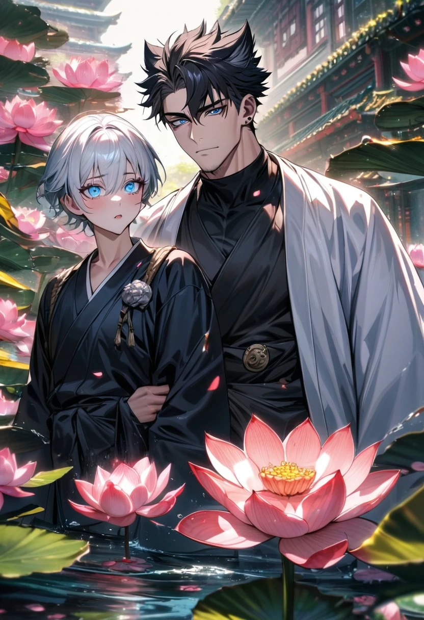 (absurdres, highres, ultra detailed, HDR), master piece, best quality, Gojo Satoru, white hair, with bangs, white eyelashes, vibrant blue eyes, white haori, white scarf, black kimono, Jujutsu Kaisen, Wriothesley, black hair, hair between the eyes, vibrant blue eyes, red haori, black robes with accessories, 2men together, gay, handsome, water, pink lotus