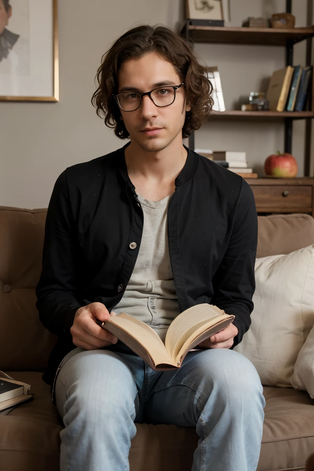 create an image of a man who apparently has a charming look, I want the image to be 100% realistic, as if it were a selfie, I want the man sitting on a protona with a book in his hand, he wears glasses, he appears to be very intelligent and handsome, he he is around 34 years old, he wears old money style clothes, he has curly hair, he has brown eyes, he is looking at the book in his hands, behind him there is a bookcase, and next to his proton there is a human skeleton, and next to the skeleton there is a vase of fruit, such as bananas, apples and grapes, on the wall there is a very beautiful painting