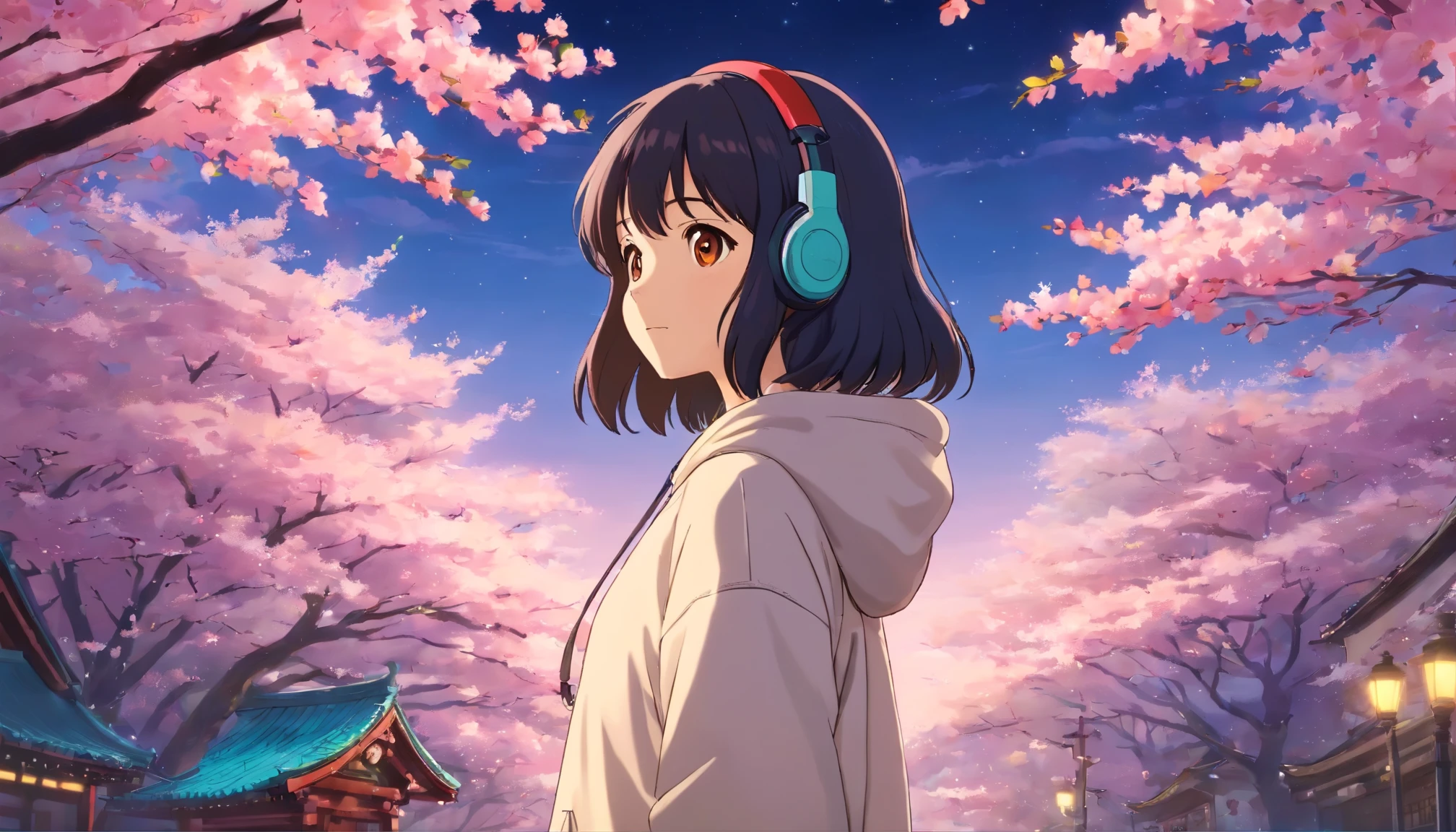 ultra realistic; 4k, anime; 2d Studio Ghibli; (at midnight1.6), the cutest college-age girl Japanese, standing in front of cherry blossoms , wearing white hoodie and headphones, wavy black hair; appearance from behind, bokehs, lost in her own world, exuding an emo vibe,