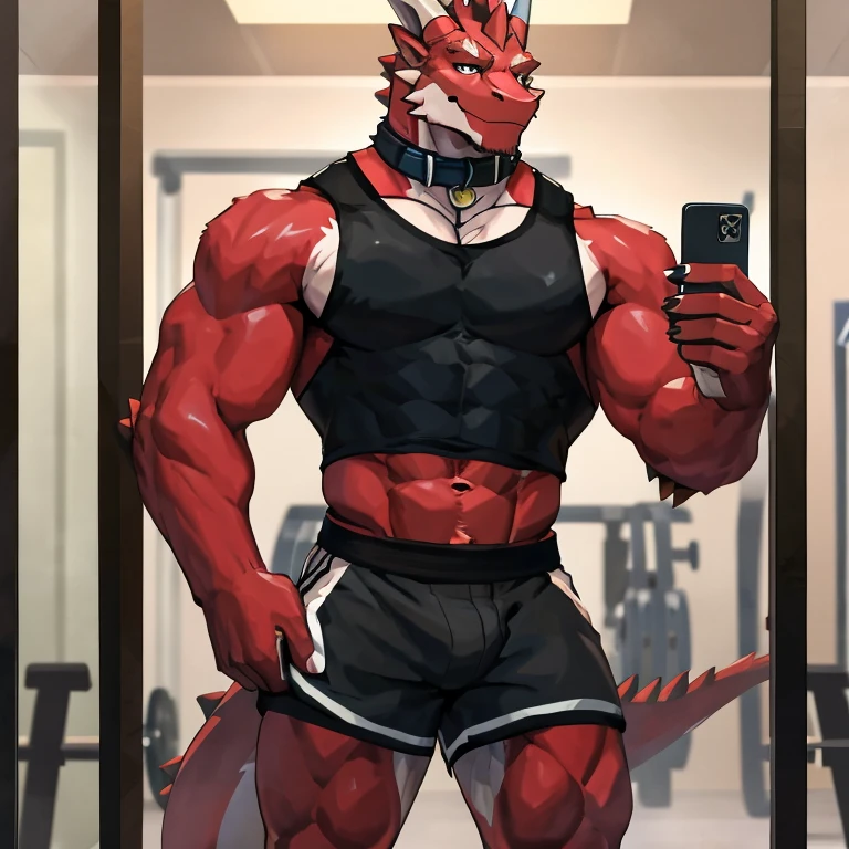 there is a red dragon taking a selfie in a mirror, athletic tall handsome guys, big abs, muscular, 1boy, solo, wearing a jockstrap, collar dog, wearing fitness gear, in shorts, in a gym, sporty physique, full body picture, tight black tanktop, wearing tanktop, 30 year old man :: athletic