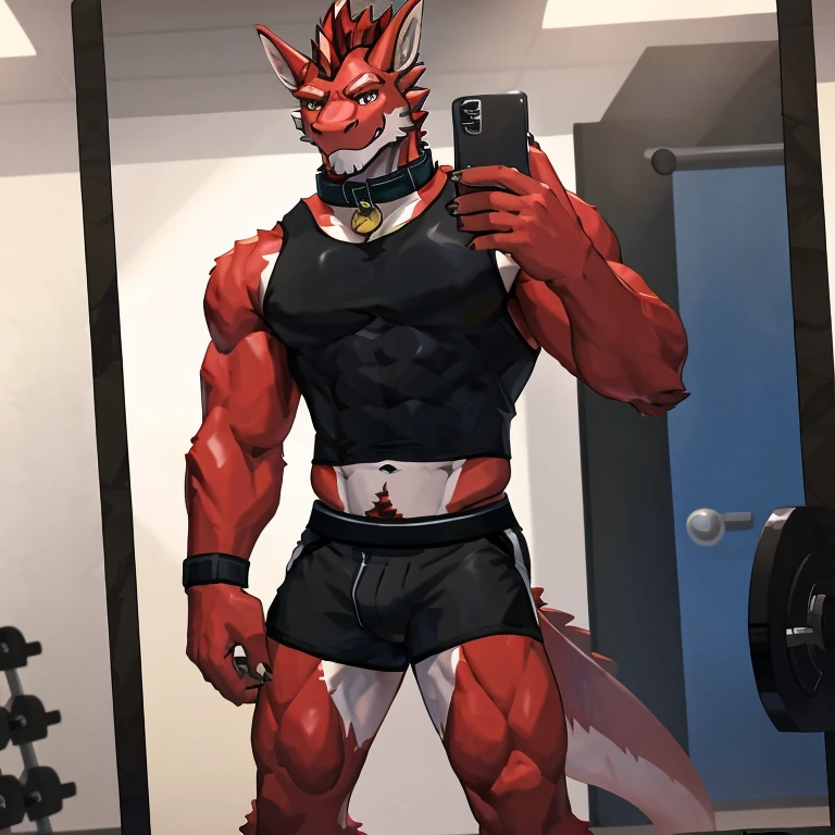 there is a red dragon taking a selfie in a mirror, athletic tall handsome guys, big abs, muscular, 1boy, solo, wearing a jockstrap, collar dog, wearing fitness gear, in shorts, in a gym, sporty physique, full body picture, tight black tanktop, wearing tanktop, 30 year old man :: athletic
