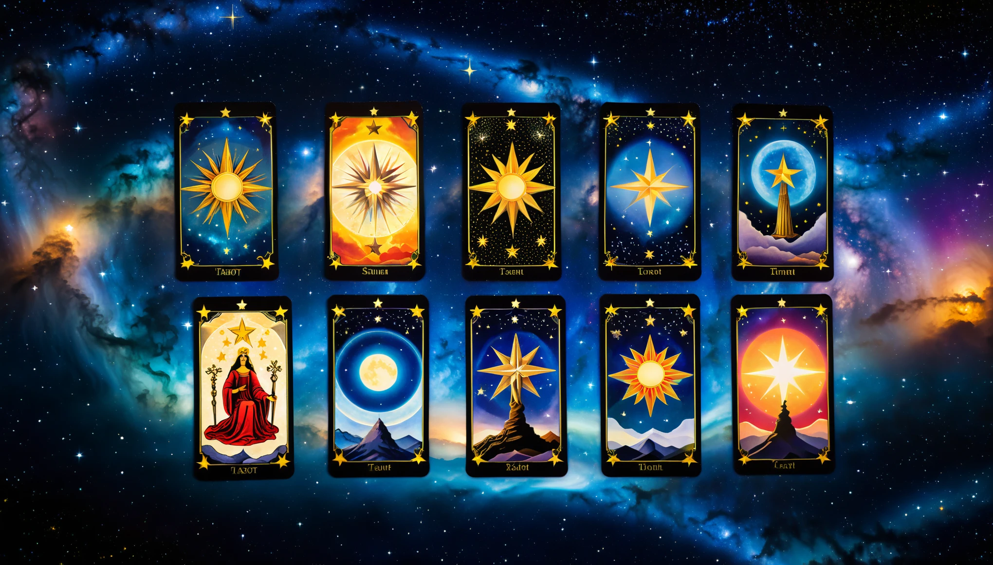 Image of tarot cards, on a background of stars, highly detailed, ceremonial, shamanism.