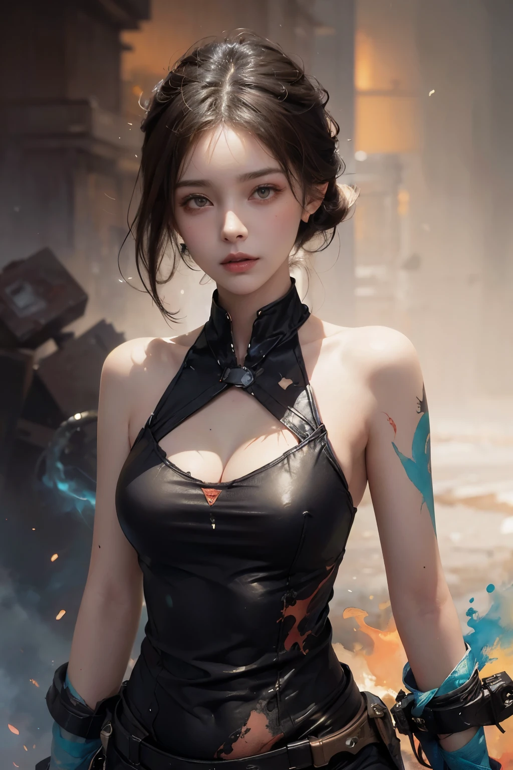 female, looking at viewer, upper body, fancy, high contrast, ink strokes, explosion, overexposure, Violet and red tones, abstract, Brushstrokes ((John Burkey(John Berkey)and Jeremy Mann(Jeremy Mann)watercolor)), negative space
