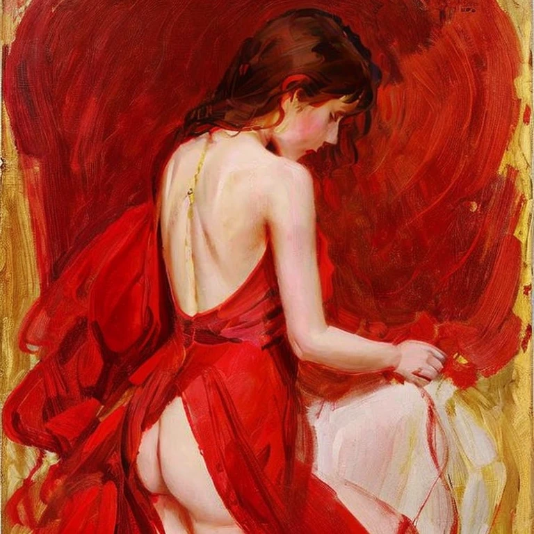 An expressionism art where a woman is naked and a red dress. The red dress symbolizes as passion. With a girl naked it means she lost her passion. Her expression is sad and lost. The art mood is sad