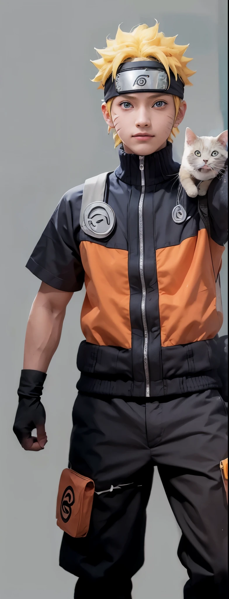 1 homem, uzumaki naruto no anime naruto shippuuden, cabelo curto , cabelo amarelo, olhos azuis, bonito, roupas laranja, Sorriso, realista clothes, roupas detalhadas, fundo da cidade, Ultra detalhe, realista