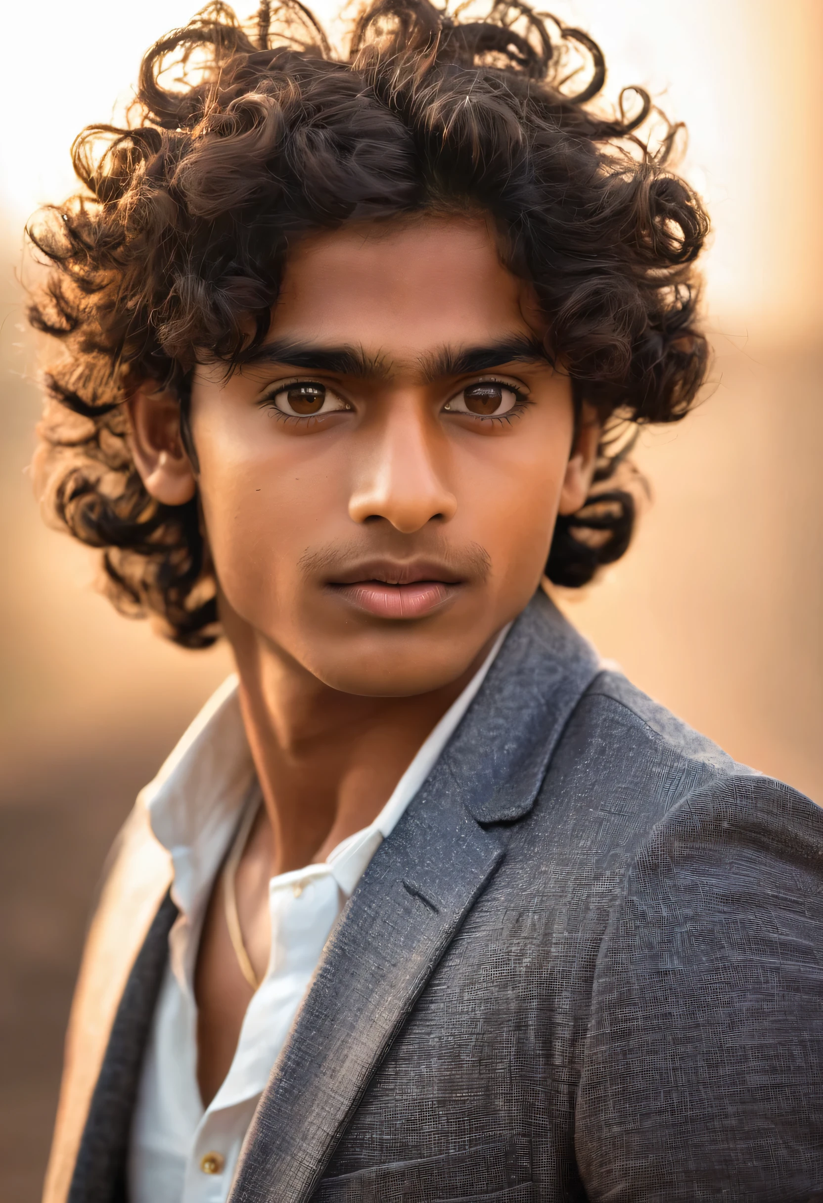 Brown skin Indian boy curly long hair reaching his shoulders beautiful eyes sharp jawline