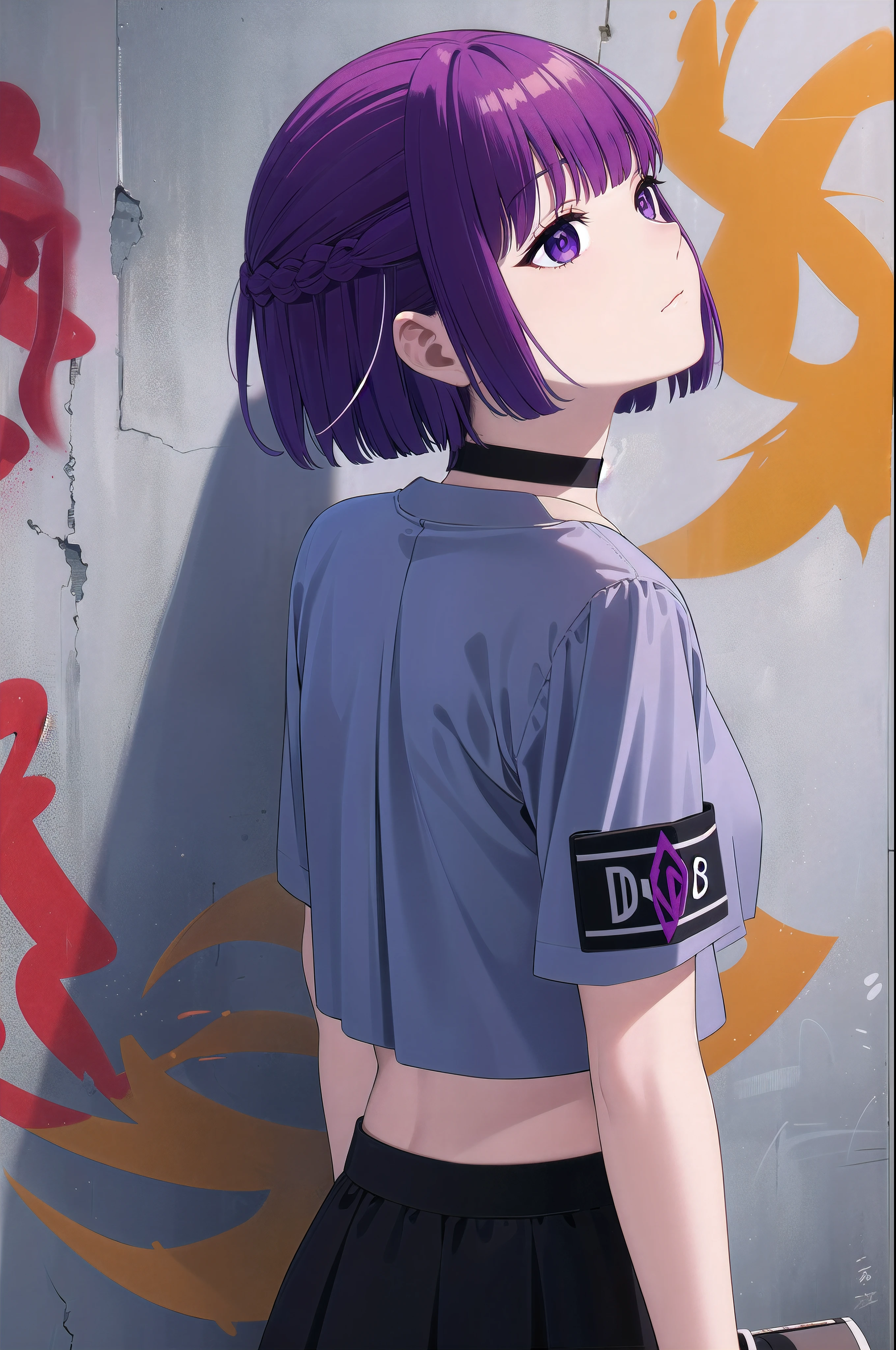 masterpiece, best quality, 1girl, solo, stylish crop top, vibrant short purple hair, bobhair, short-hair, short bob hair, (((bobcut))), bob haircut, very short bob cut, lip length hair, blunt ends, pixie bob, buzzed nape ((haircut:1.3)), undercut, bobbed hair, minibob, sidecut, sidecut, shaved, purple eyes, graduation bob, straight short hair, short hair above the ears, Shot diagonally from the side, elegant braid, soft bangs, upper body, alluring choker, (graffiti:1.5), artistic paint splatter, seductive arms behind back, leaning against wall, exposed back, fashionable armband, urban hiphop style, flirty skirt, playful head tilt, intense expression, warm orange, dynamic asymmetrical design, bold geometric shapes, creative street art