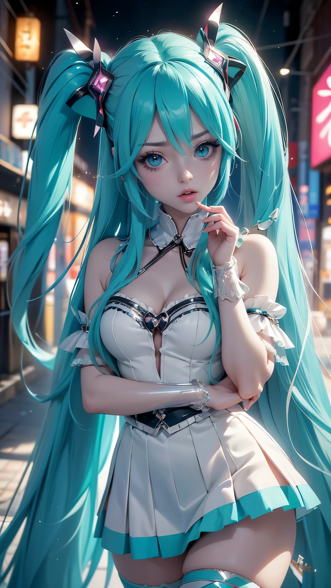 (La mejor calidad,A high resolution,Ultra - detallado,actual),Ariana Grande, chica anime Cosplay, anime Cosplay, (Hatsune MikuCosplay:1.4) , foto de Cosplay, dos colas blancas_guantes, Cosplay, lindo anime waifu con un bonito vestido, chica anime con pelo largo, Diosa del anime, Cosplay elegante y glamoroso, chica anime disfrazada de sirvientaMore detailed 8K.motor irreal:1.4,High Definition,La mejor calidad:1.4, fotorrealista:1.4, textura de la piel:1.4, obra maestra:1.8,obra maestra, mejor calidad,objeto Objeto], (rasgos faciales detallados:1.3),(Las proporciones correctas)(Detalles de la cara: 1.5, ojos azules brillantes, hermoso rostro, ojos bonitos, Contorno del iris, labios delgados: 1.5, Thin, sharp pale eyebrows, Long, dark eyelashes, double tabs),,  (pose vaquero), ,( ciberpunk 2.1), (vestuario kawaii :1.4), manos perfectas: 1.5, (perfect anatomy), (tokyo night alley background:1.4) 